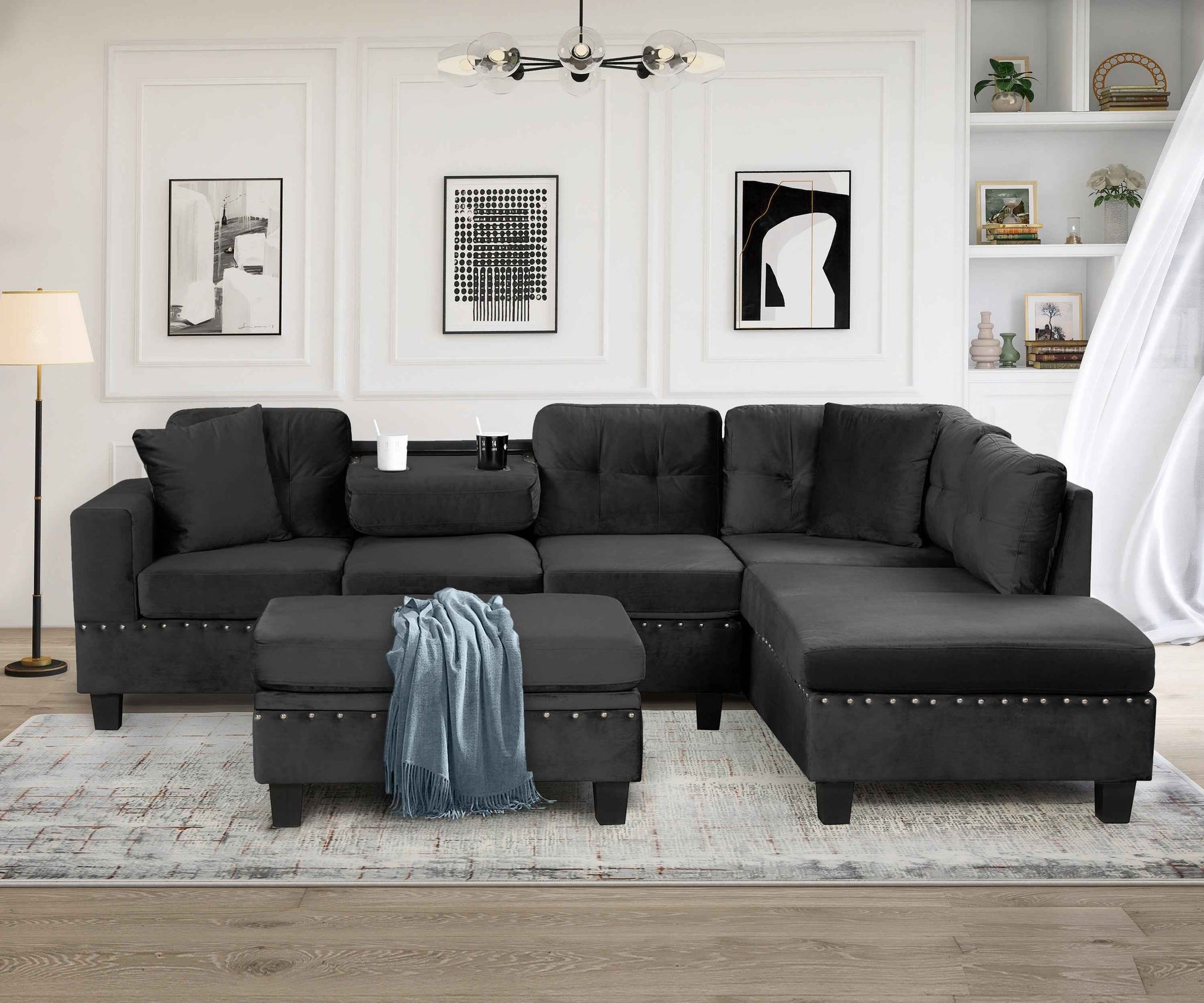 Modern Sectional Sofa with Storage Ottoman, L-Shape Couch with 2 Pillows and Cup Holders, Black Velvet, 105'