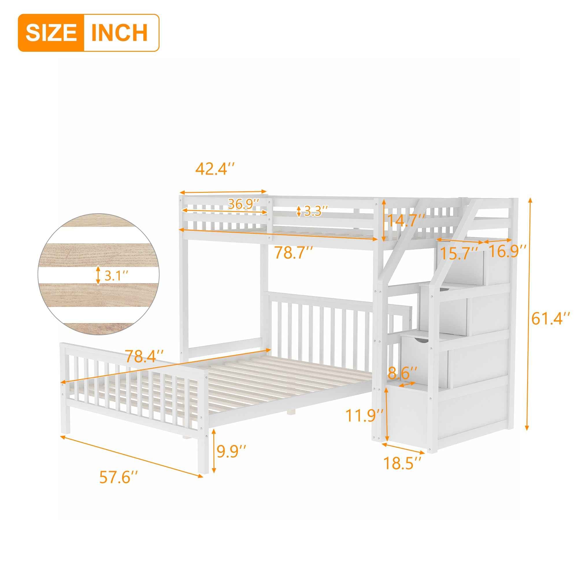 White Twin over Full Loft Bed with Staircase and Storage, Pine Wood + MDF, 97.2''L x 78.4''W x 61.4''H
