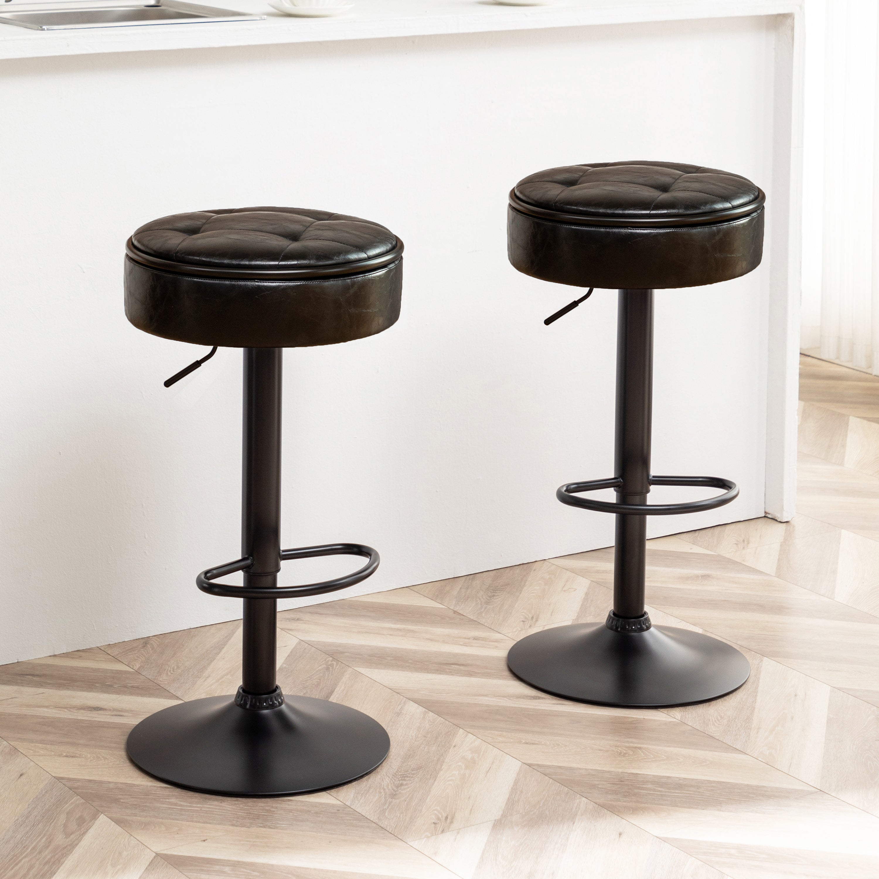 Round Storage Bar Stool Set of 2, Black Faux Leather Height Adjustable Barstool, 360°Counter Height Swivel Stool, Armless Bar Chair with Metal Frame for Kitchen Counter Dining Living Room