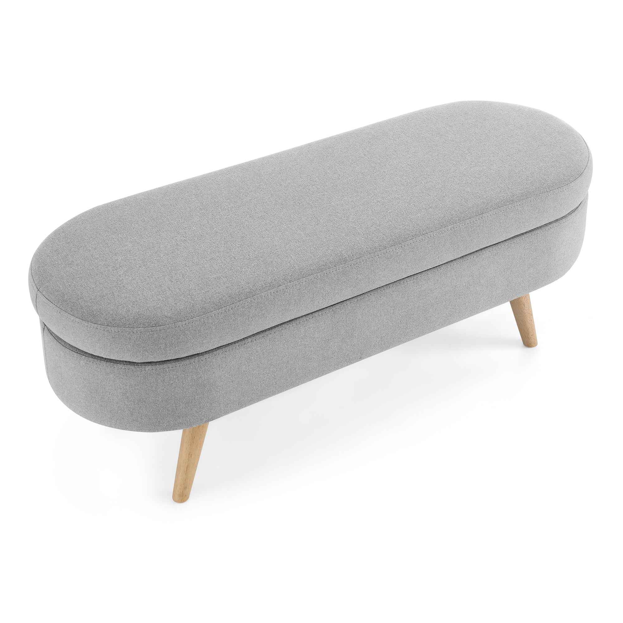 Ottoman Oval Storage Bench with Rubber Wood Legs, Grey Linen, 43.5'x16'x16'