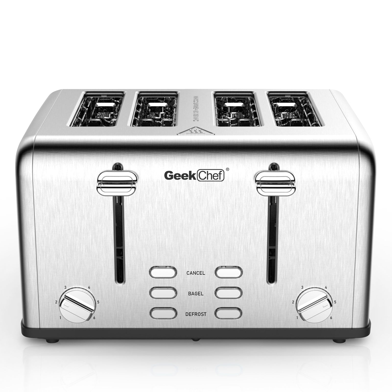Toaster 4 Slice, Geek Chef Stainless Steel Extra-Wide Slot Toaster with Dual Control Panels of Bagel/Defrost/Cancel Function, 6 Toasting Bread Shade Settings, Removable Crumb Trays Ban on Amazon
