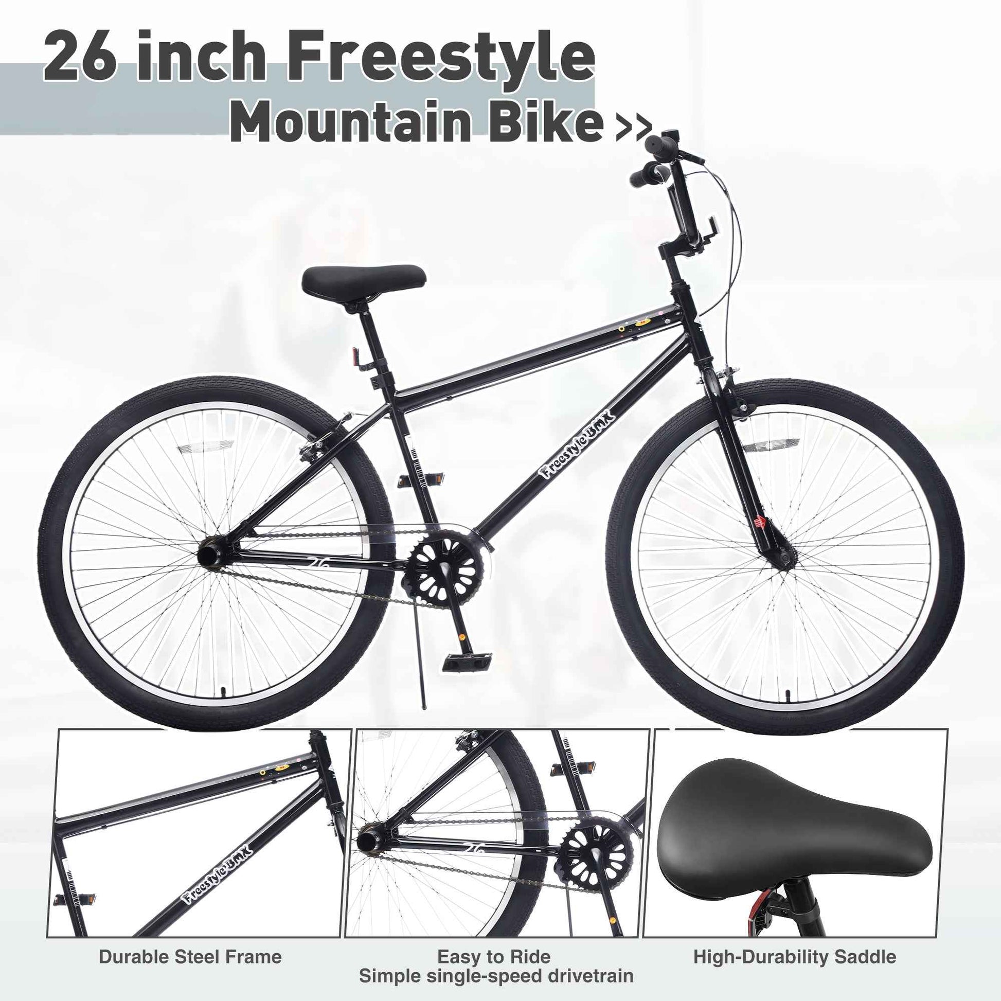 26 Inch Freestyle Bike for Teens, Steel Frame Single-Speed Bicycle with 2 Pegs , Front Caliper Brake and Rear V Brake, Bicycle for Boys and Girls Ages 14+