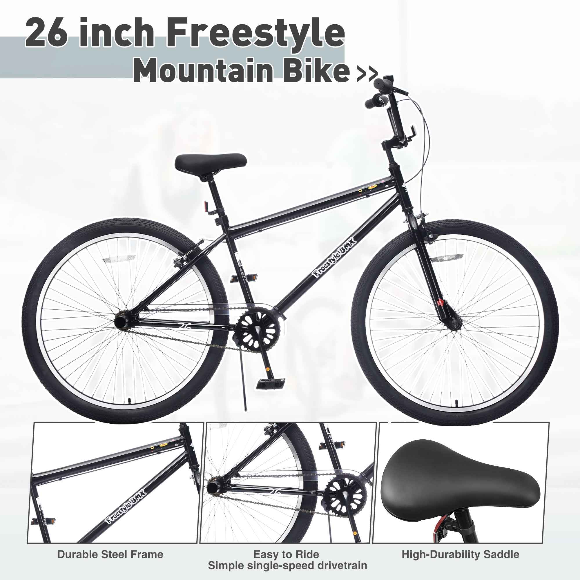 26 Inch Freestyle Bike for Teens, Steel Frame Single-Speed Bicycle with 2 Pegs , Front Caliper Brake and Rear V Brake, Bicycle for Boys and Girls Ages 14+