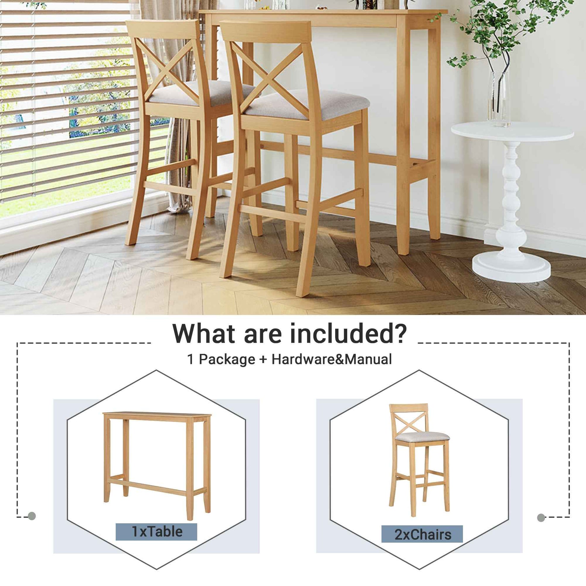 TOPMAX Farmhouse 48'Rectangular Wood Bar Height Dining Set Kitchen Breakfast Nook with 2 Chairs for Small Places,Natural+Beige