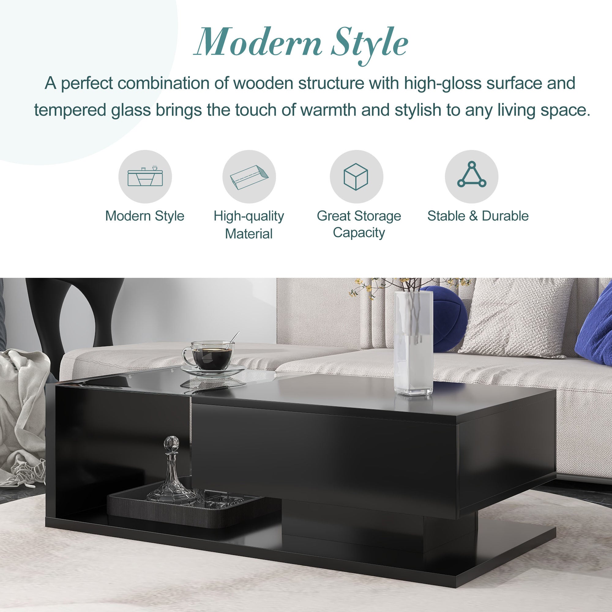 [VIDEO provided] ON-TREND Modern Coffee Table with Tempered Glass, Wooden Cocktail Table with High-gloss UV Surface, Modernist 2-Tier Rectangle Center Table for Living Room, Black