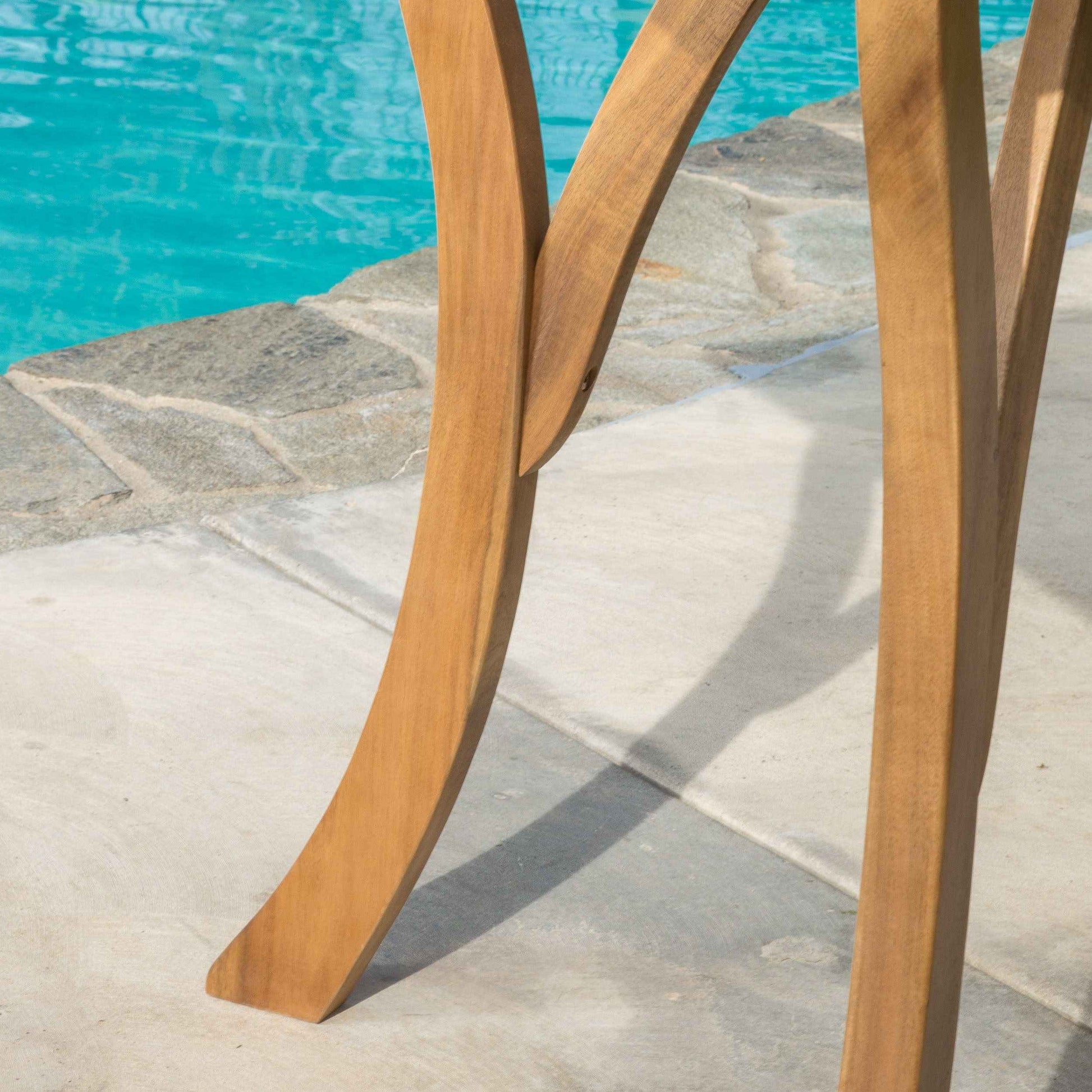 Outdoor Square Table with Curved Legs and Perpendicular Wooden Slats Table Top, Teak