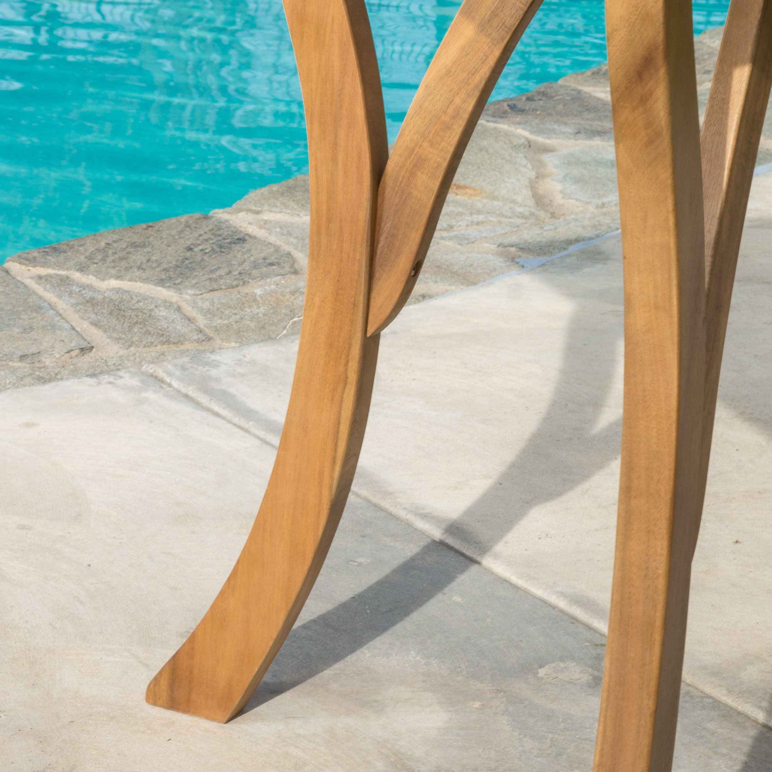 Outdoor Square Table with Curved Legs and Perpendicular Wooden Slats Table Top, Teak