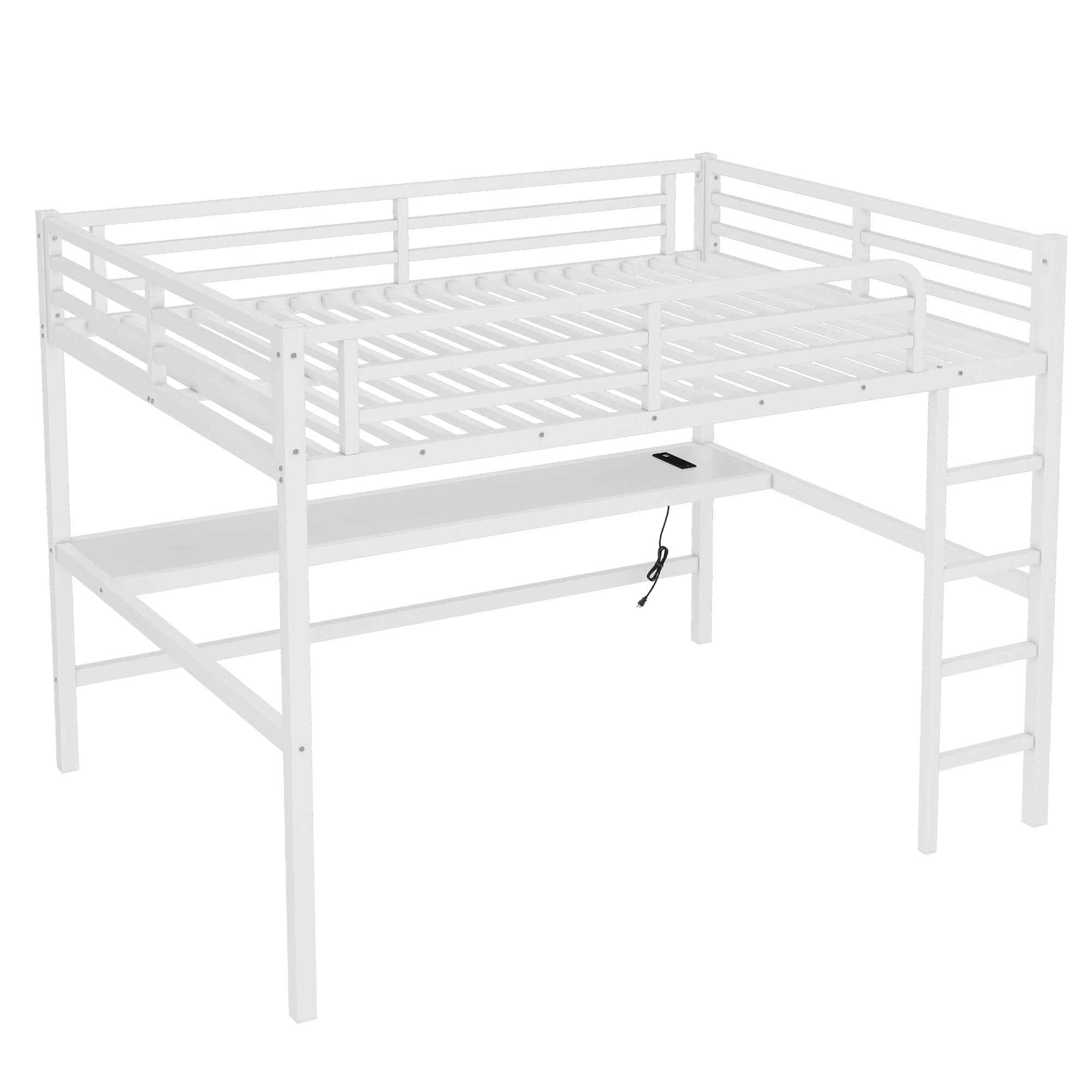 Metal Queen Size Loft Bed with Power Outlet and LED Lighted, Space-Saving, Noise Reduced, White