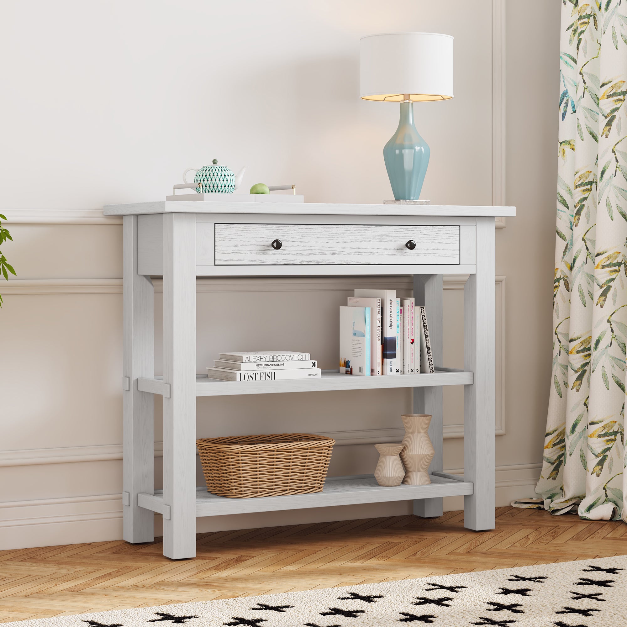 TREXM Retro Console Table with Drawer and Two Sturdy Shelves for Entryway, Living Room (Antique White)