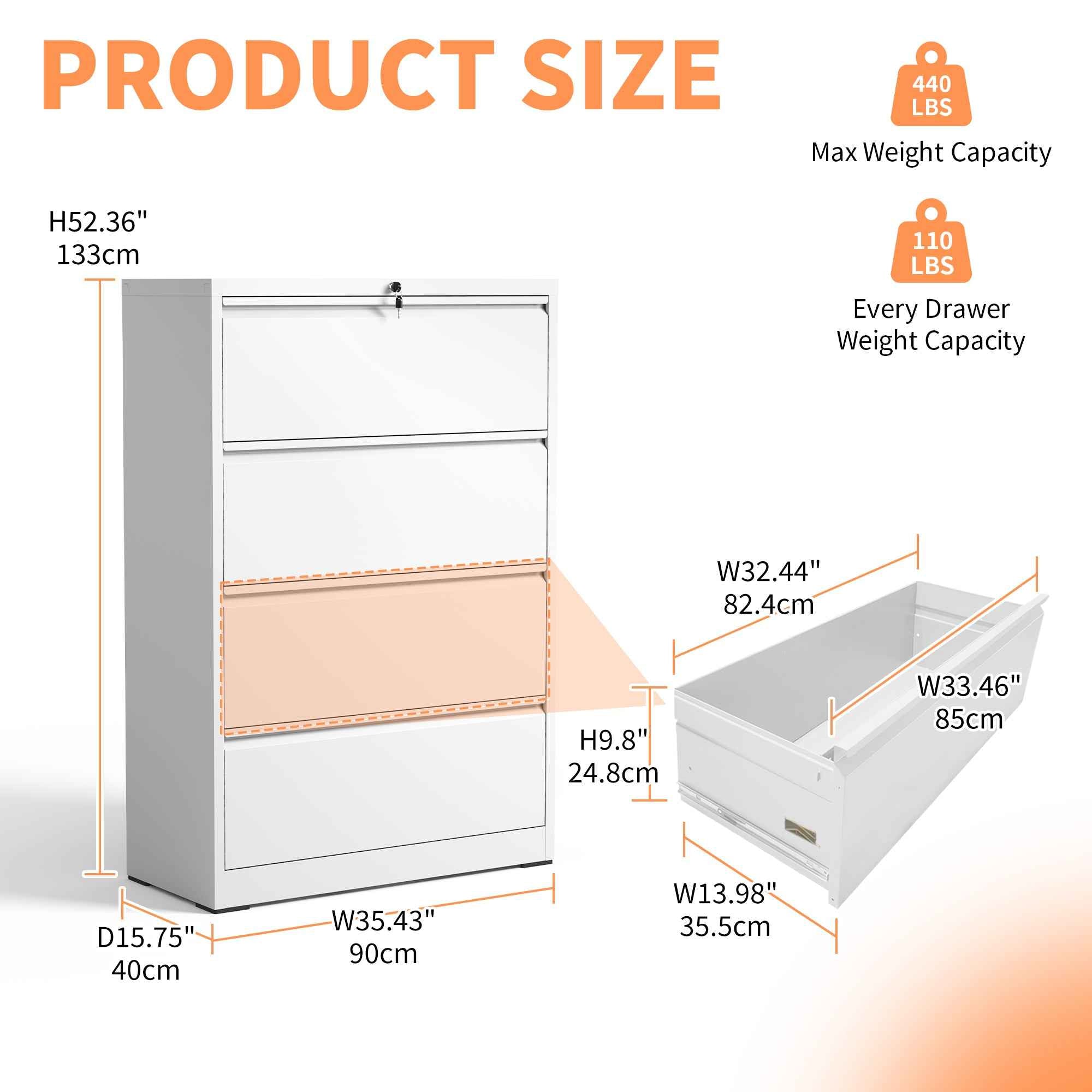 4 Drawer Lateral File Cabinet, Heavy Duty Metal Filing Cabinet, 35.4 Inch Wide Locking File Cabinet for Home Office, Space-Saving Vertical Storage with Anti-Tip Interlock, for Letter/Legal/A4 Files