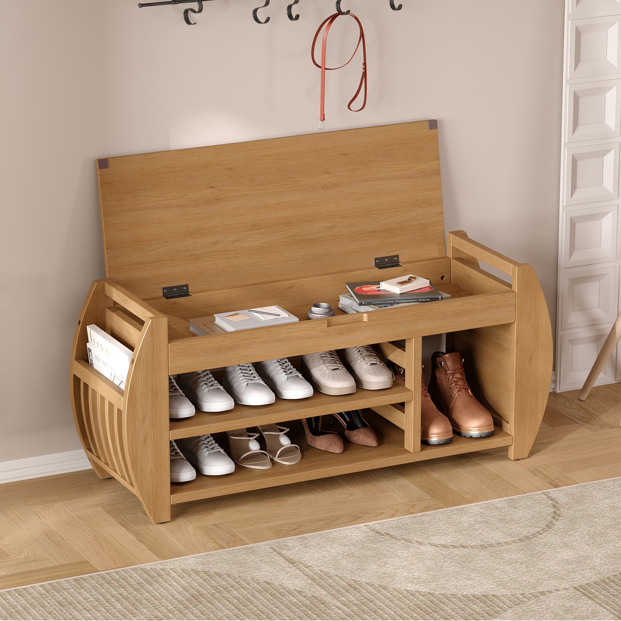 TREXM Retro Multifunctional Storage Bench with Cushion and Curved Side Panel for Entrance and Living Room (Natural)