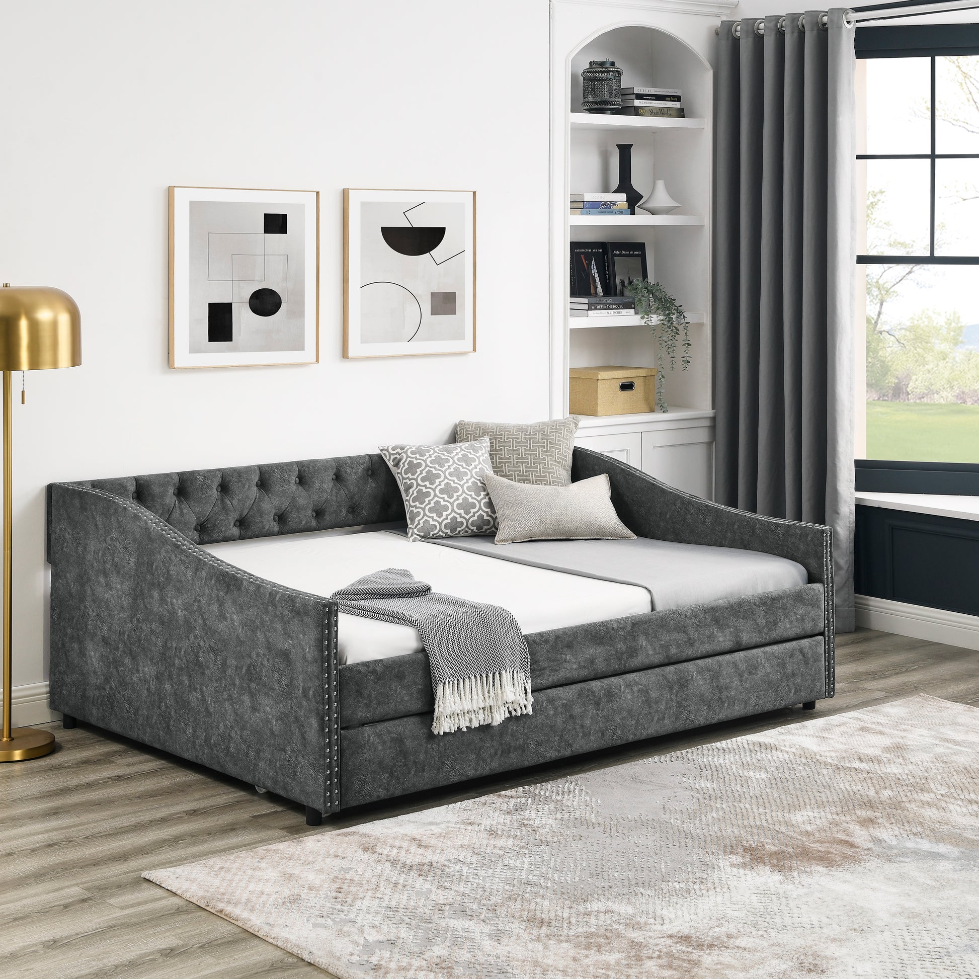 Full Size Daybed with Twin Size Trundle Upholstered Tufted Sofa Bed, with Button on Back and Copper Nail on Waved Shape Arms,Grey (80.5"x55.5"x27.5") - Abrihome