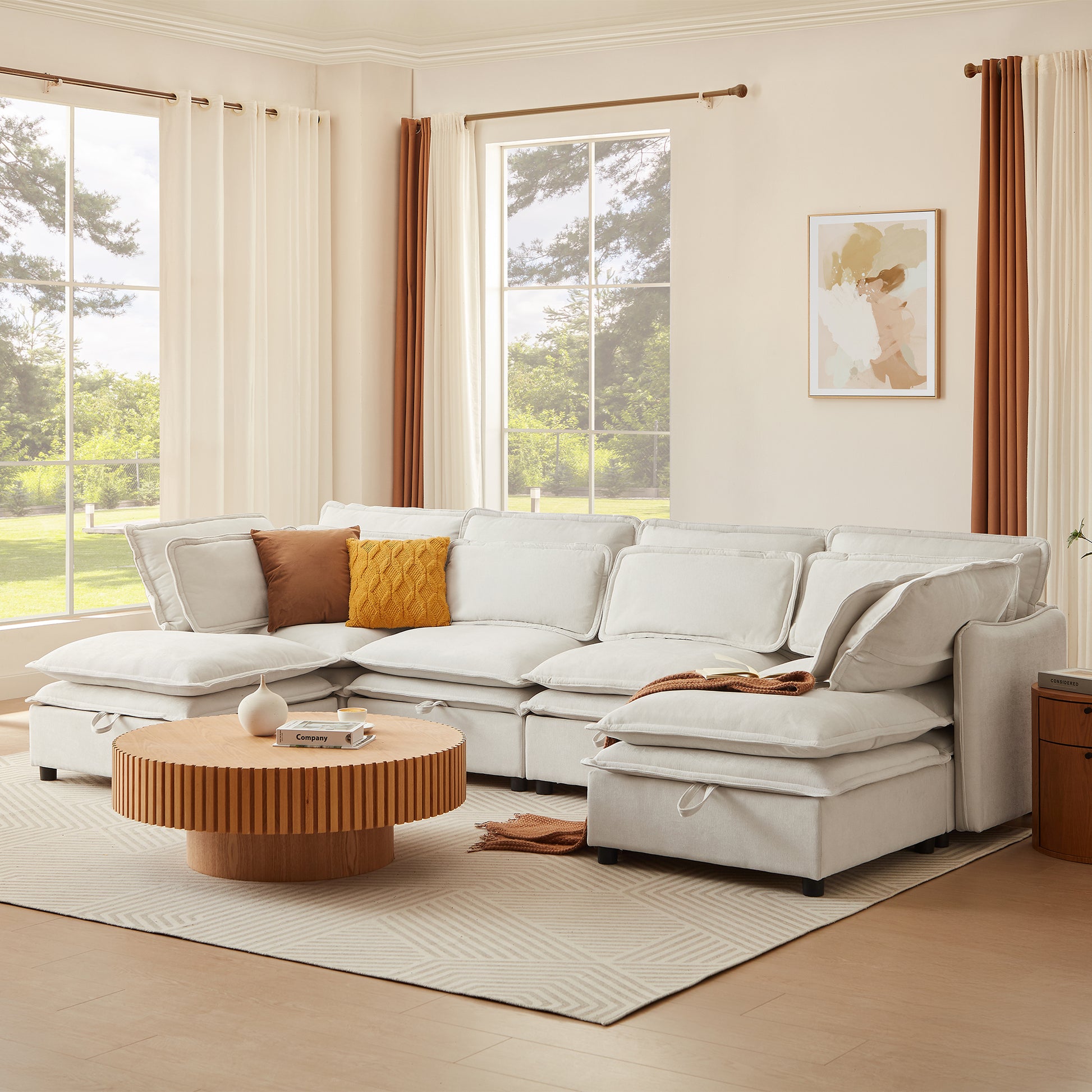 U_Style Double-Layer Cushion Modern Large U-Shaped Modular Sofa, Freely Combinable 6-Seater with Storage Function, Convertible to Sofa Bed, Perfect for Living Rooms, Offices, and Apartments - Abrihome