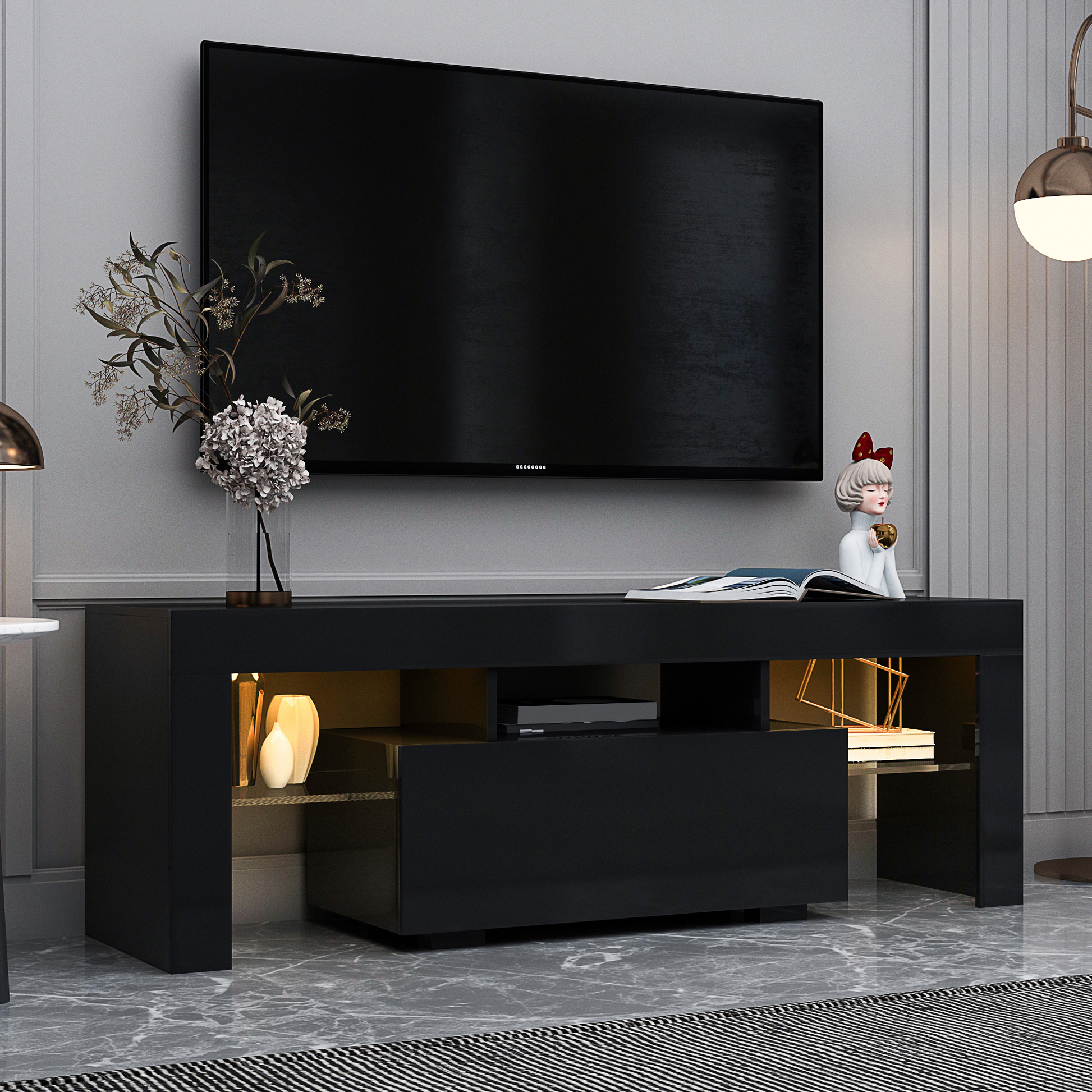 Black TV Stand with LED RGB Lights,Flat Screen TV Cabinet, Gaming Consoles - in Lounge Room, Living Room and Bedroom(Black) - Abrihome