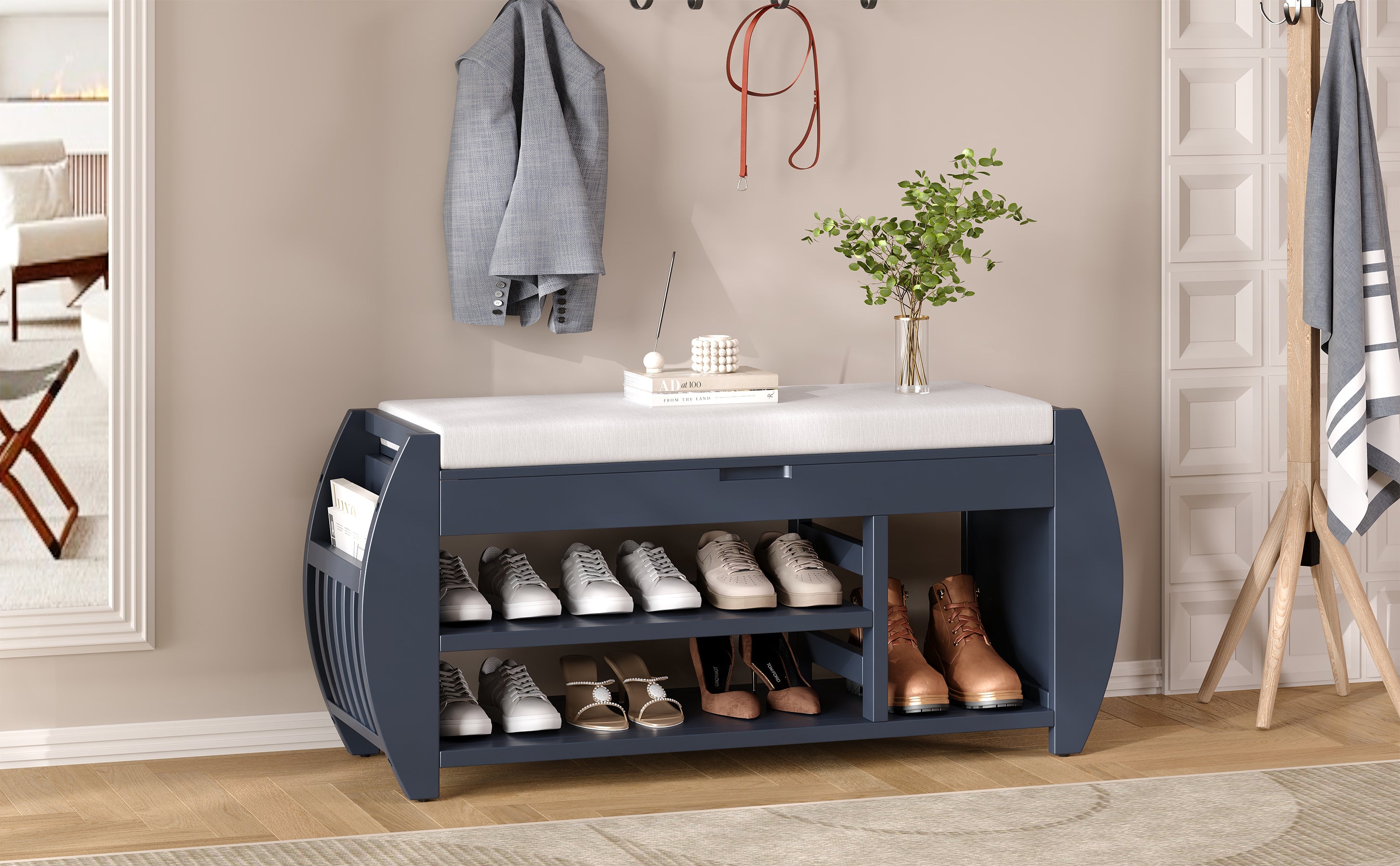 TREXM Retro Multifunctional Storage Bench with Cushion and Curved Side Panel for Entrance and Living Room (Antique Navy)