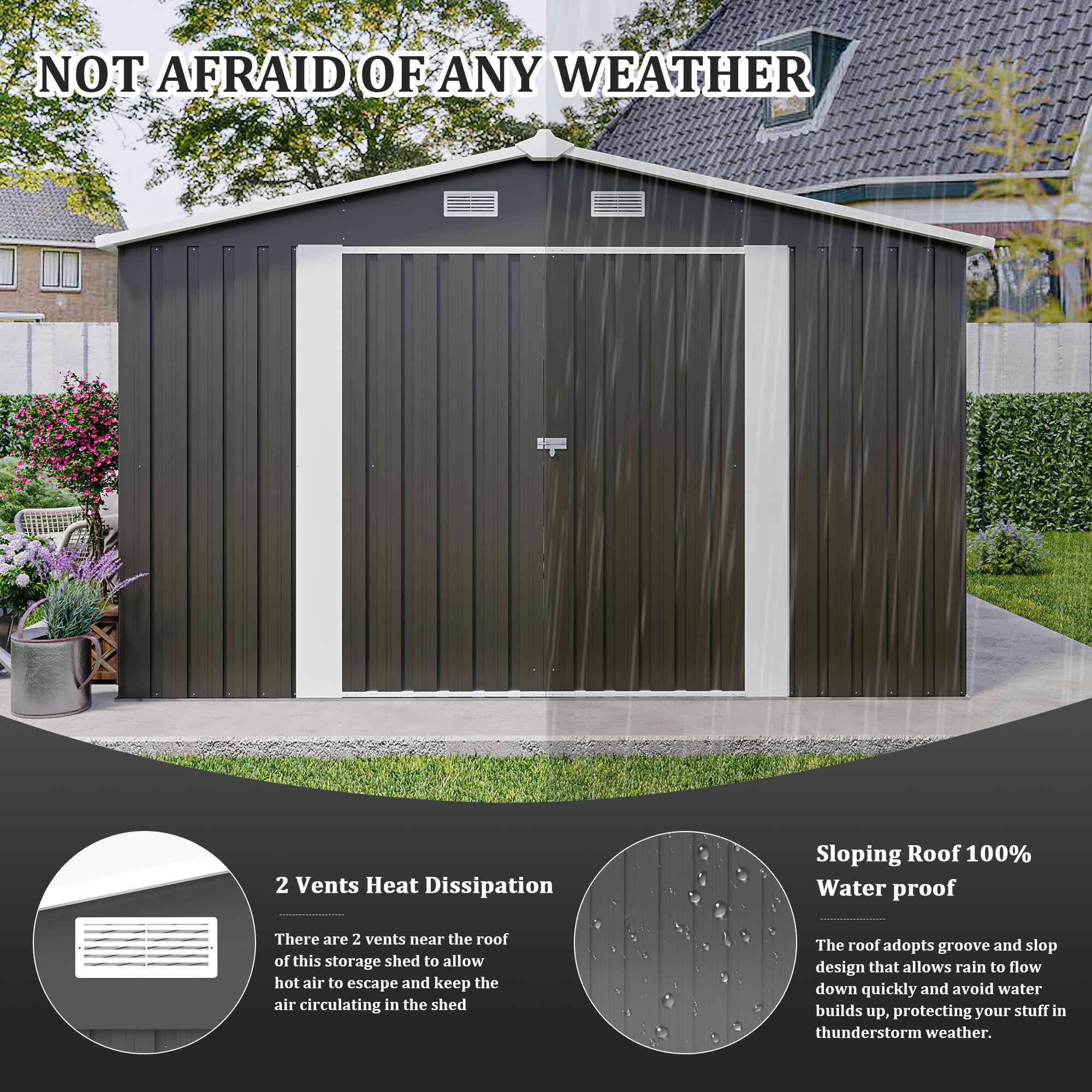 Campcraft  Outdoor Storage Shed 10×14 FT with 3 Lockable Doors,4 Air Vents & Sloped Roof,Utility Tool Shed Metal Storage Garden Sheds  Frame and 4 Vents,for Backyard,Patio,Lawn,dark Grey