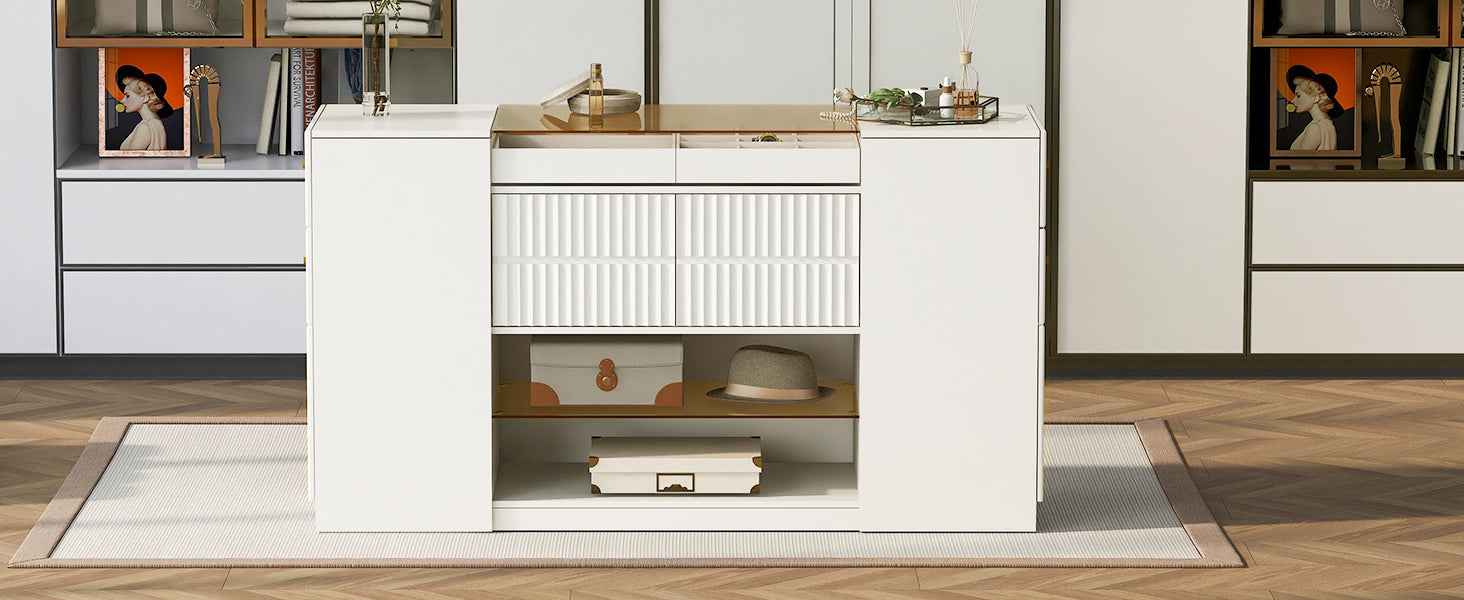 Modern Luxury Multi-Functional Island Vanity Dresser and Storage Cabinet with Glass Tabletop, Display Shelf, 6 Drawers, Cream White MDF