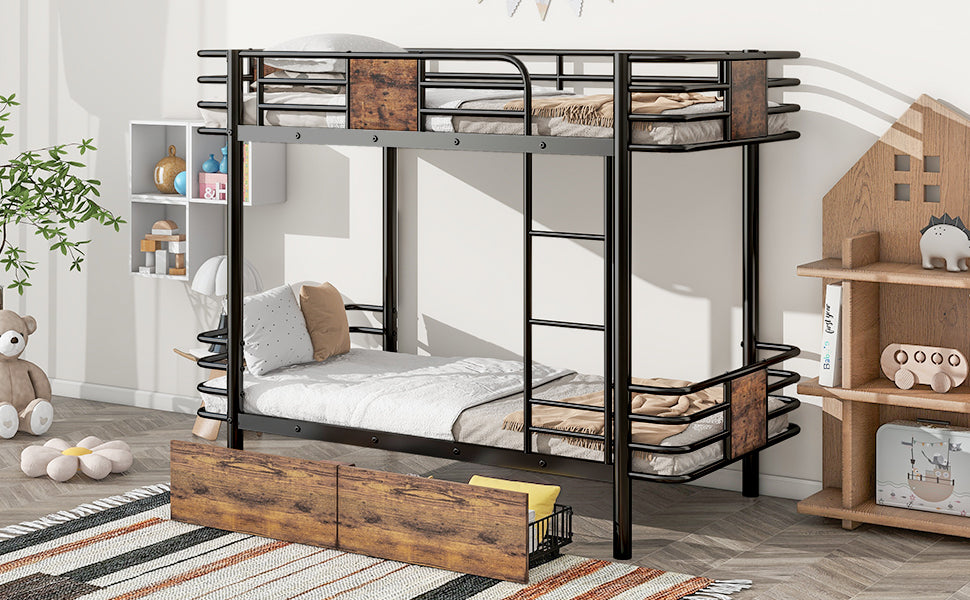 Twin XL over Twin XL Metal Bunk Bed with MDF Board Guardrail and Two Storage Drawers,Black - Abrihome