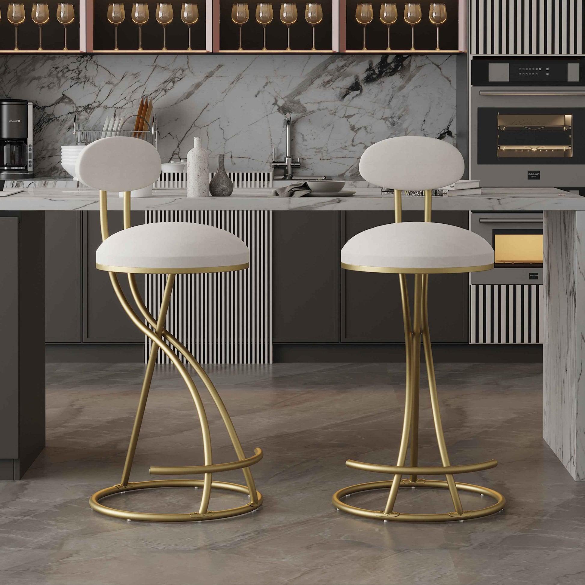 Round Bar Stool Armless Velvet Barstools with Back Set of 2, Gold & Creamy White