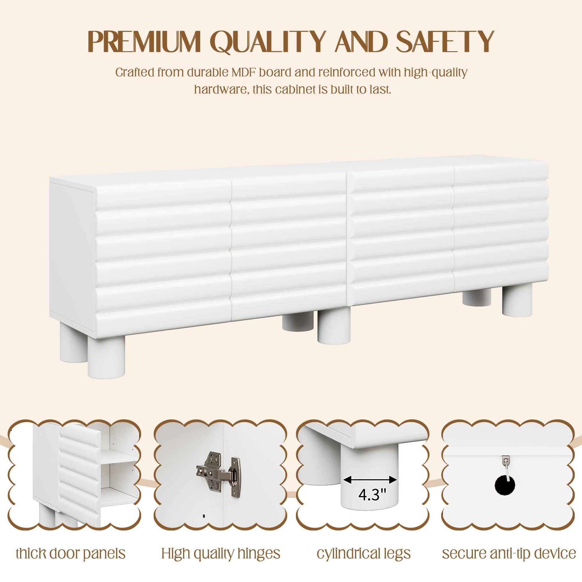 Stylish Thick Wavy Door TV Cabinet with Adjustable Shelves, Cream Style TV Stand with 4 Cabinets for TVs Up to 75', Solid Media Console with Cylindrical Legs and Cable Holes for Living Room, White