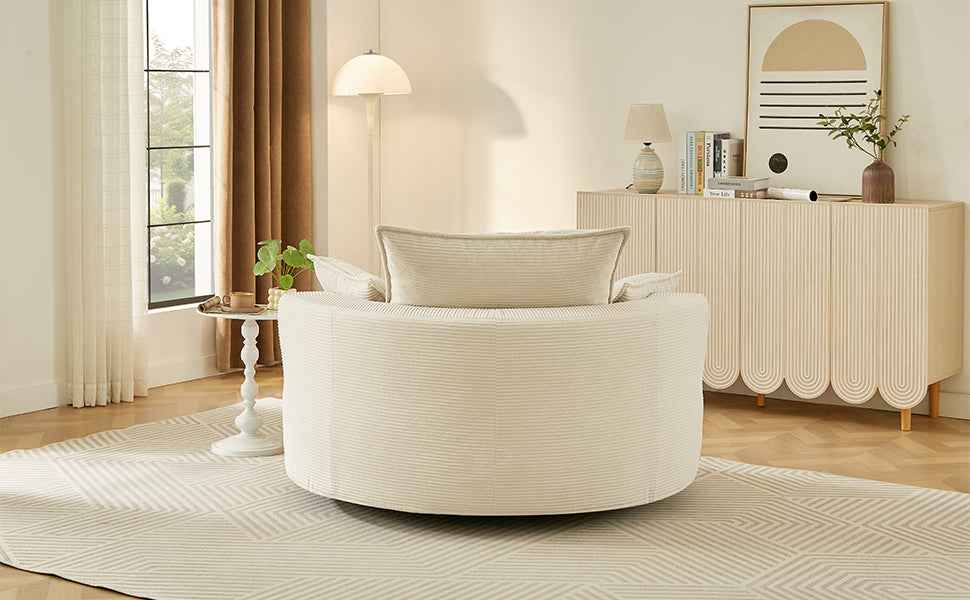 Accent Barrel Chair 360° Swivel Sofa Chair with Dual-layer Cushion and 3 Removable Pillows, Beige Corduroy, 57.5'