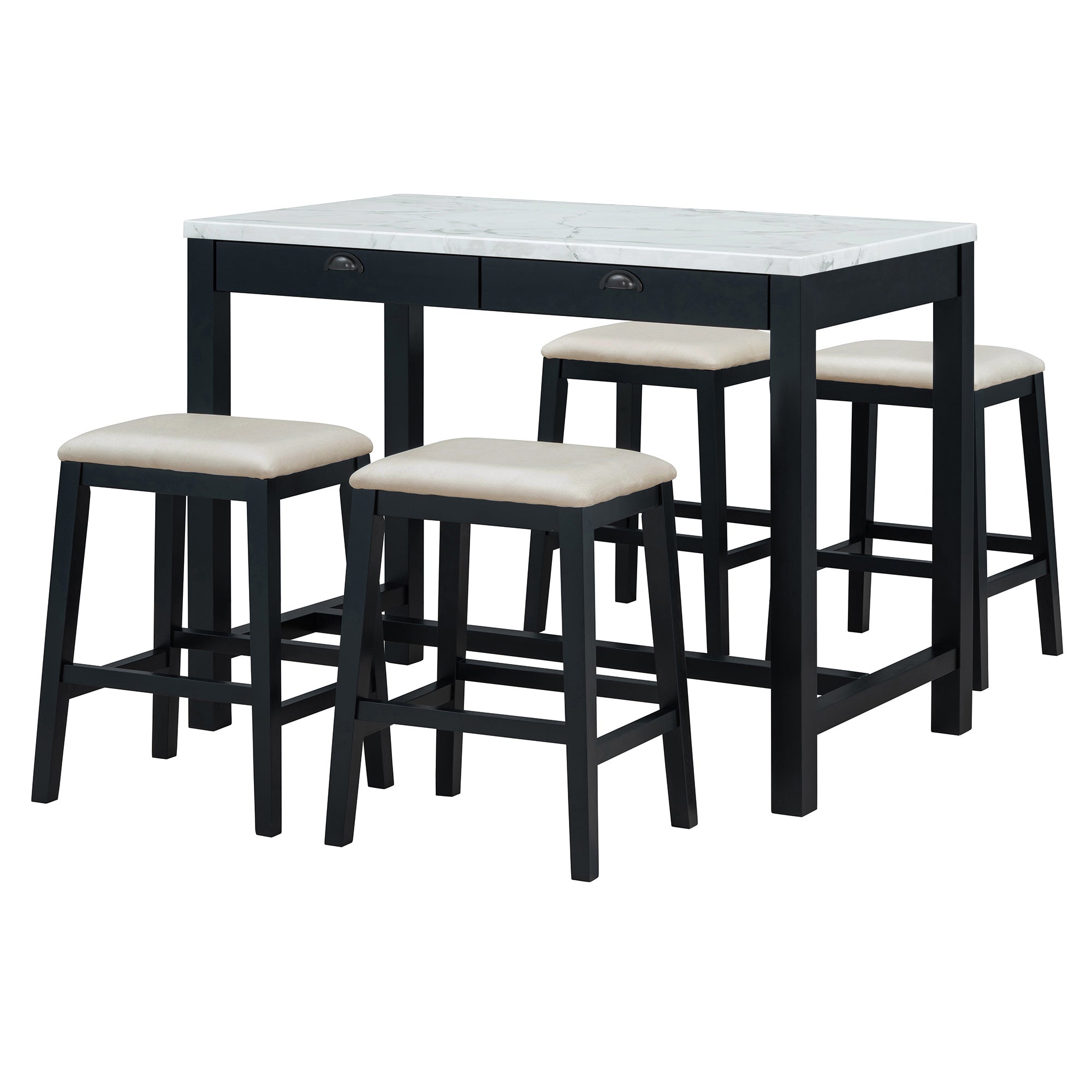 TREXM 3-Piece Modern Faux Marble Versatile Bar Table Set with Storage Drawers and Padded Stools, Ideal for Space-Saving Dining Nooks or Small Kitchens (Black)