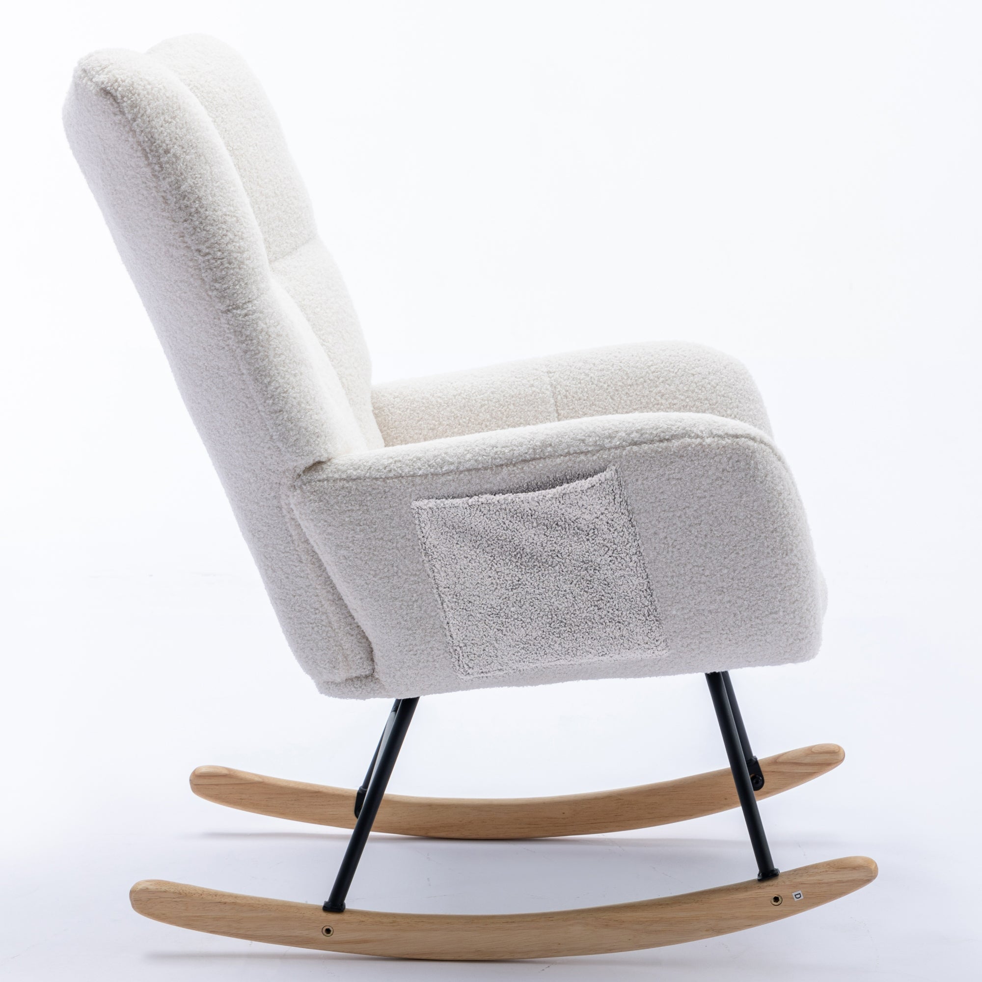 Rocking Chair with Pocket, Soft Teddy Fabric Rocking Chair for Nursery, Comfy Wingback Glider Rocker with Safe Solid Wood Base for Living Room Bedroom Balcony (white)