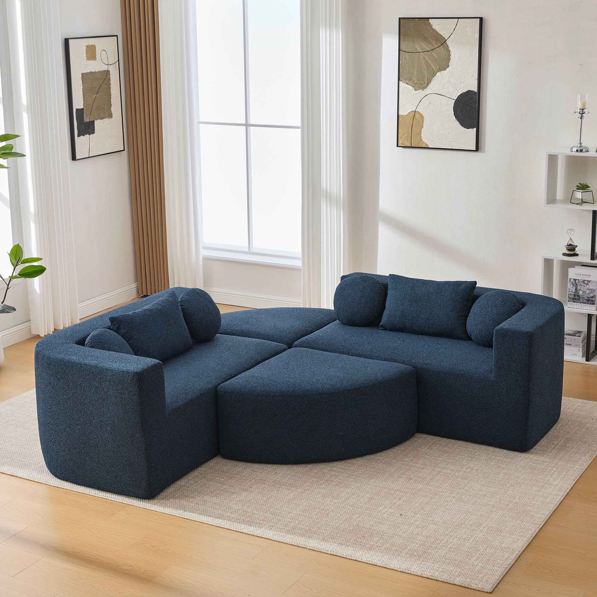 Boneless Couch Modular Sectional Sofa with Deep Seating and Curved Design in Blue Boucle, 114.9 Inches