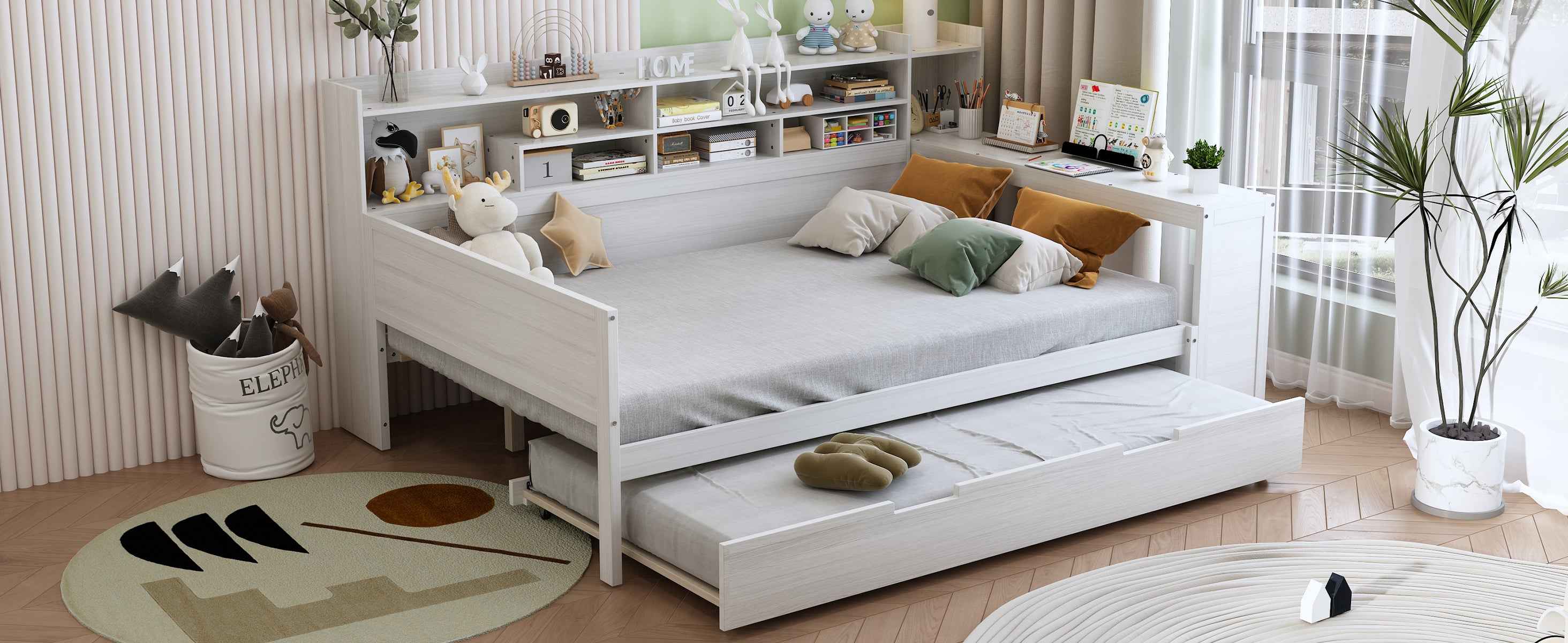 Wooden Full Size Daybed with Storage Shelves, Multi-functional Bed with Twin Size Trundle Bed and  Study Desk, Antique White