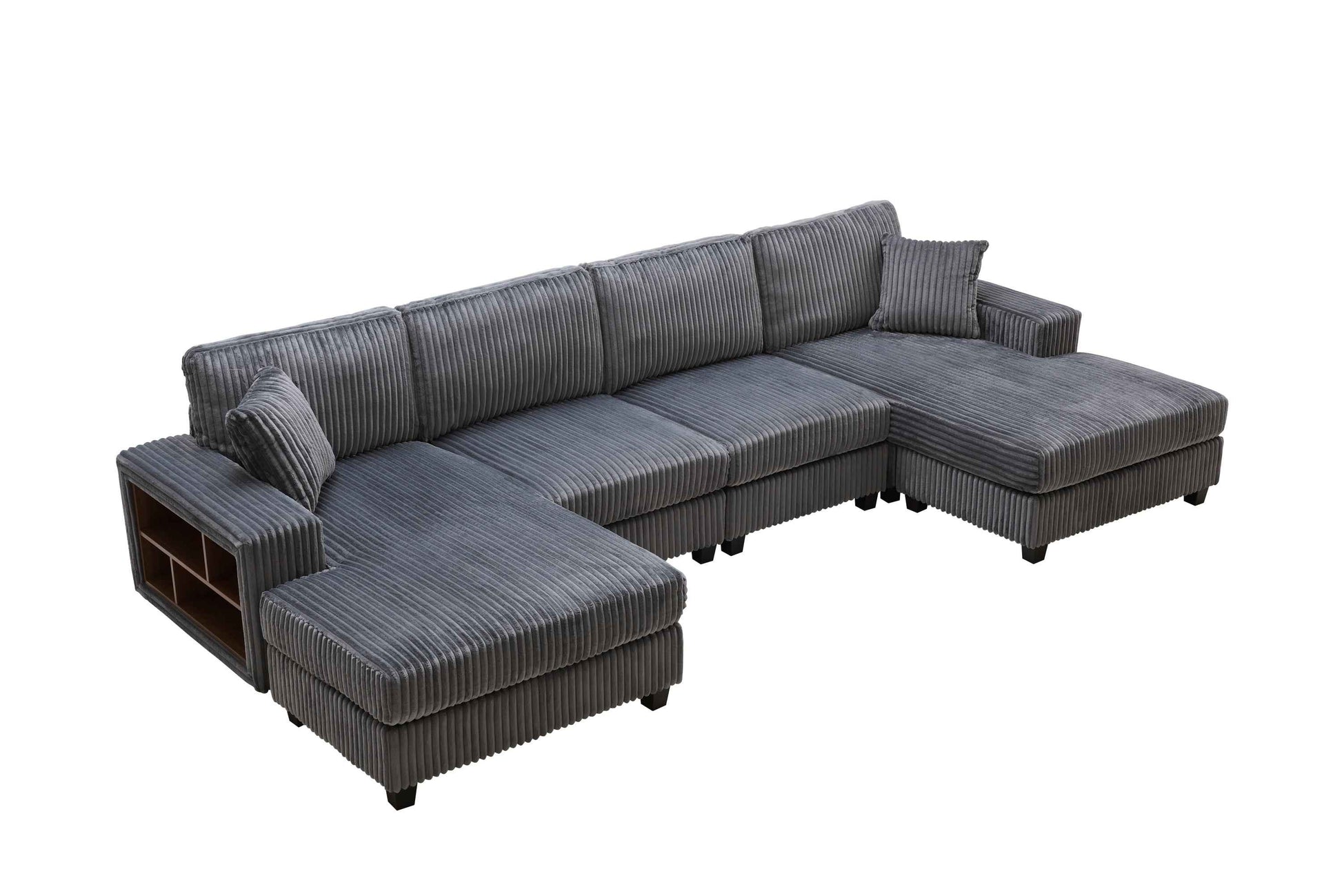Convertible U-shaped Combination Sofa, Corduroy Fabric, Modern Comfortable Large Size 4 Seat Sofa, Living Room Double Lounge Chair , Dark Grey