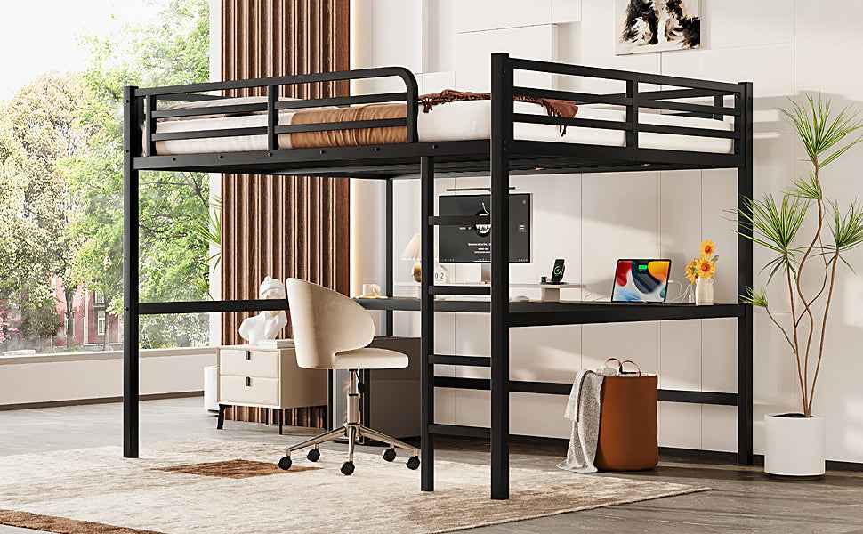 Metal Queen Size Loft Bed with Power Outlet and LED Lighted, Space-Saving, Noise Reduced, Black
