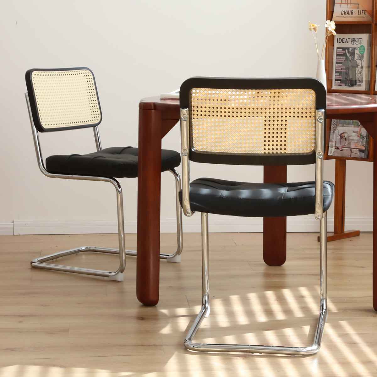 Dining Chairs Set of 2, Fauex Leather Rattan Side Accent Chairs with Chrome Legs, Modern Mid Century Breuer Designed Chairs, Upholstered Dining Living Room Kitchen Chairs (Black-2pcs)