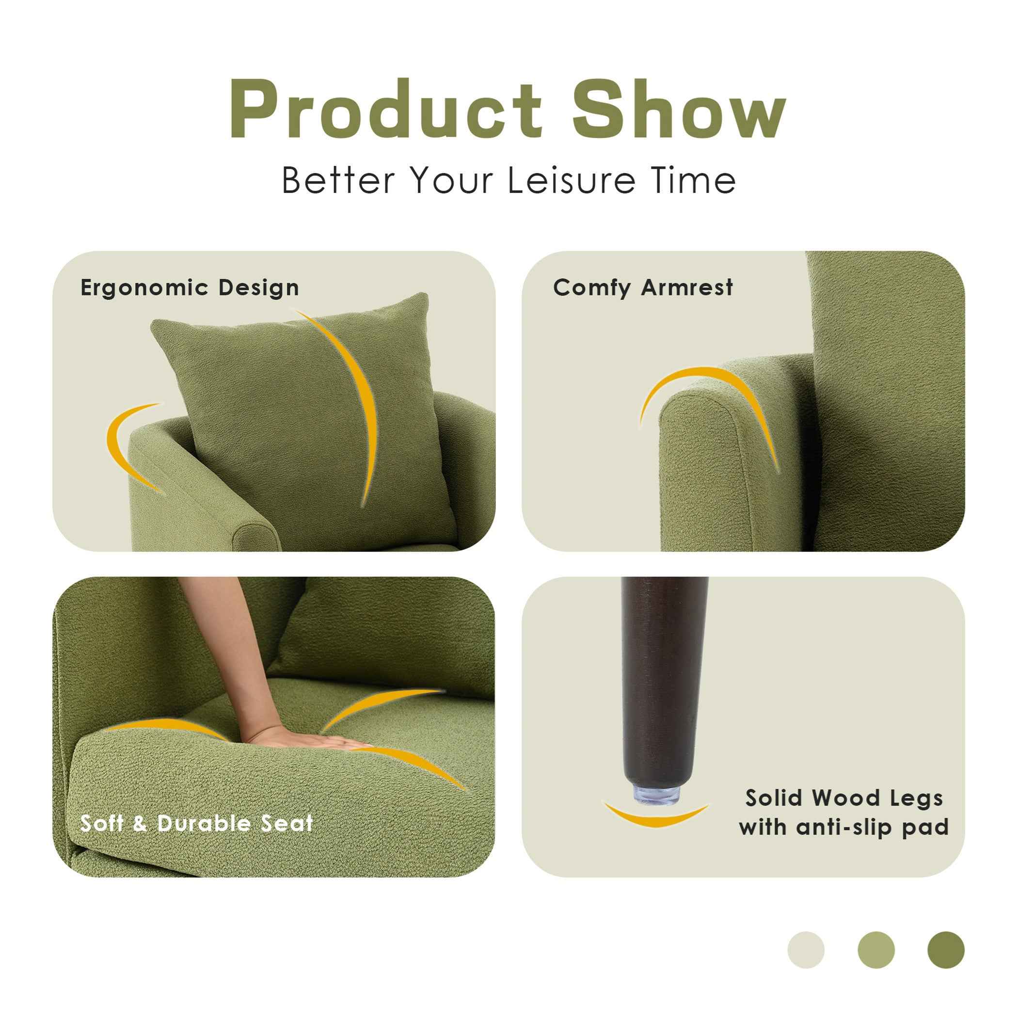 Modern Fabric Accent Chair, Upholstered Armchair for Living Room, Mid Century Fabric Lounge Chair w/Pillow, Comfortable Reading Chair with Wood Legs for Living Room, Bedroom, Reception Room (Olive)