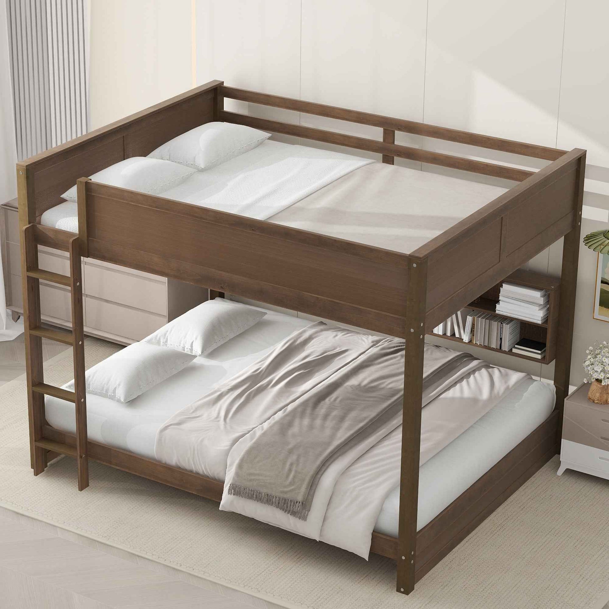 Queen over Queen Bunk Bed with Storage Cabinets and USB Ports in Antique Wood Color, Solid Pine Wood+MDF