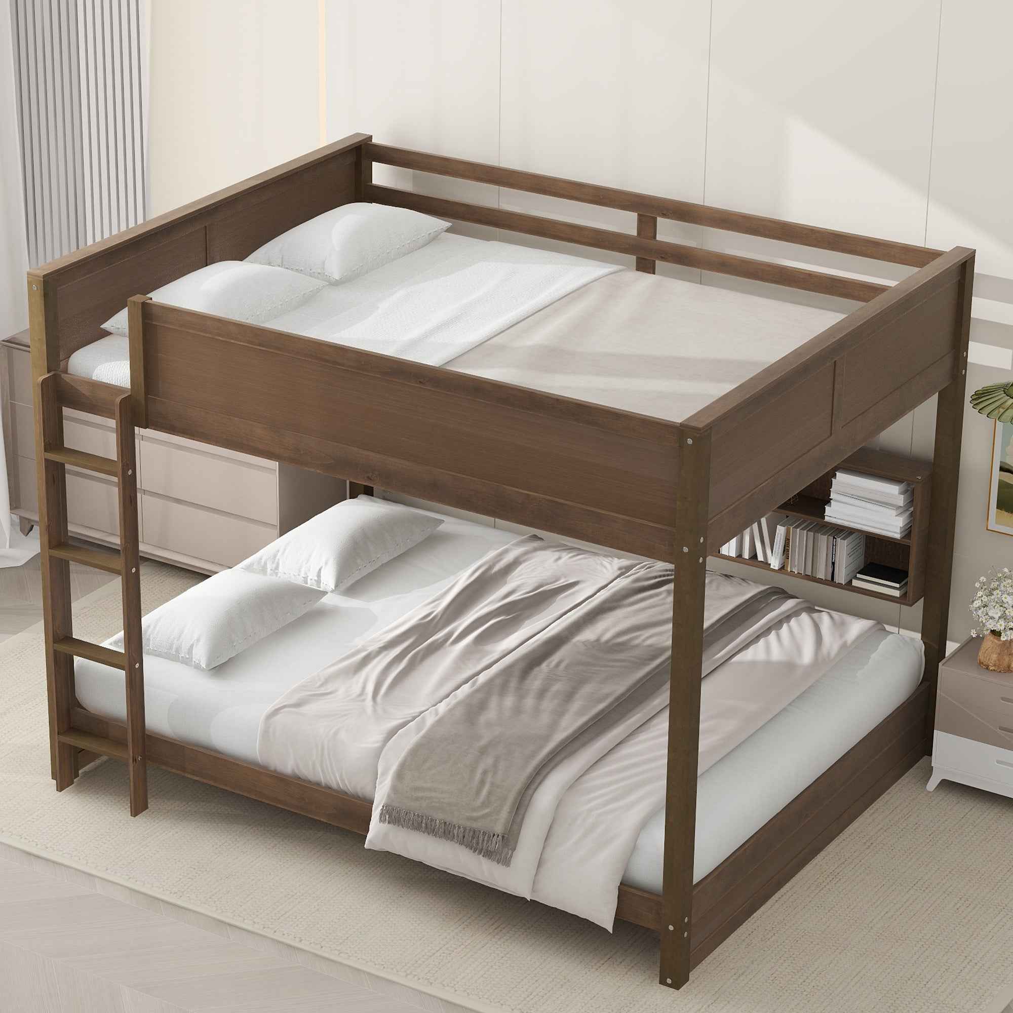 Queen over Queen Bunk Bed with Storage Cabinets and USB Ports in Antique Wood Color, Solid Pine Wood+MDF
