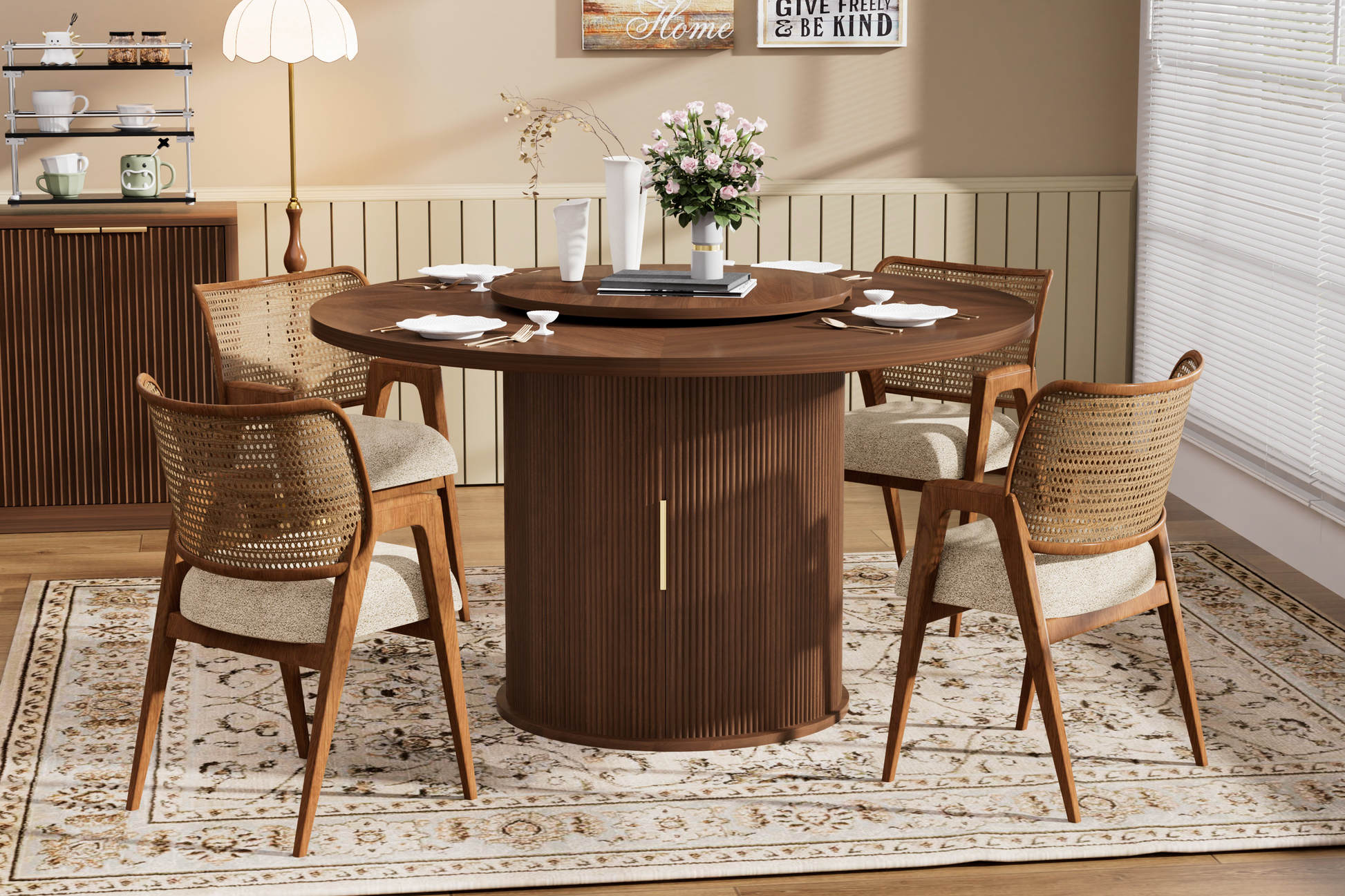 55-inch round dining table for six, featuring a double-tiered storage rack and a rotating tabletop tray. Wooden wavy-striped sliding doors. Ideal for home dining room living room (Walnut).