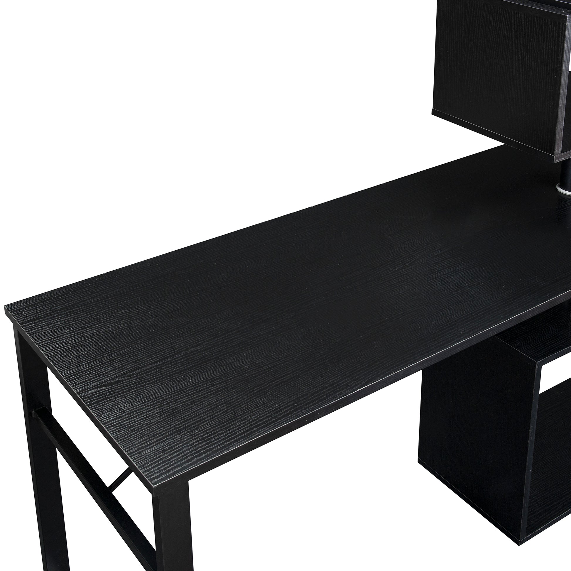 Home Office Computer Desk L-Shaped Corner Table, Rotating Computer Table with 5-Tier Bookshelf, Four Installation Methods, Lockable Casters (Black) - Abrihome