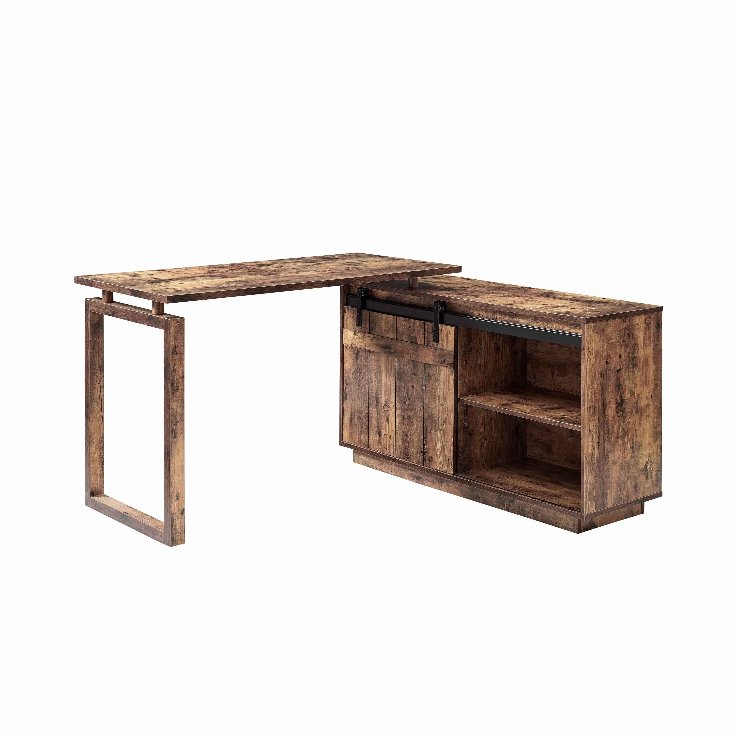 Desk L-shaped Workstation Home Office attached storage credenza sliding barn door finished on the back reversible Distressed Wood