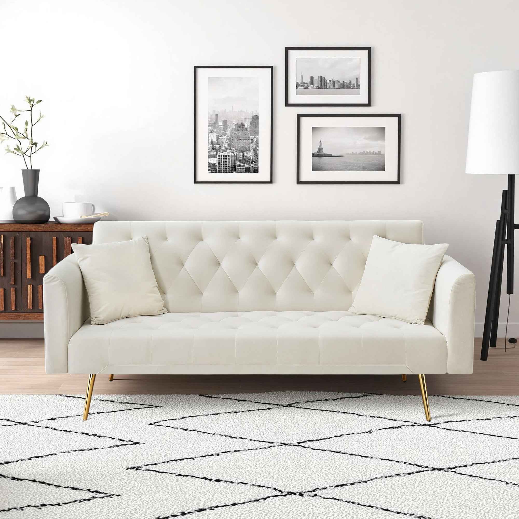 71 inch convertible love seat sofa, American retro beige velvet, suitable for small living room, bedroom, office