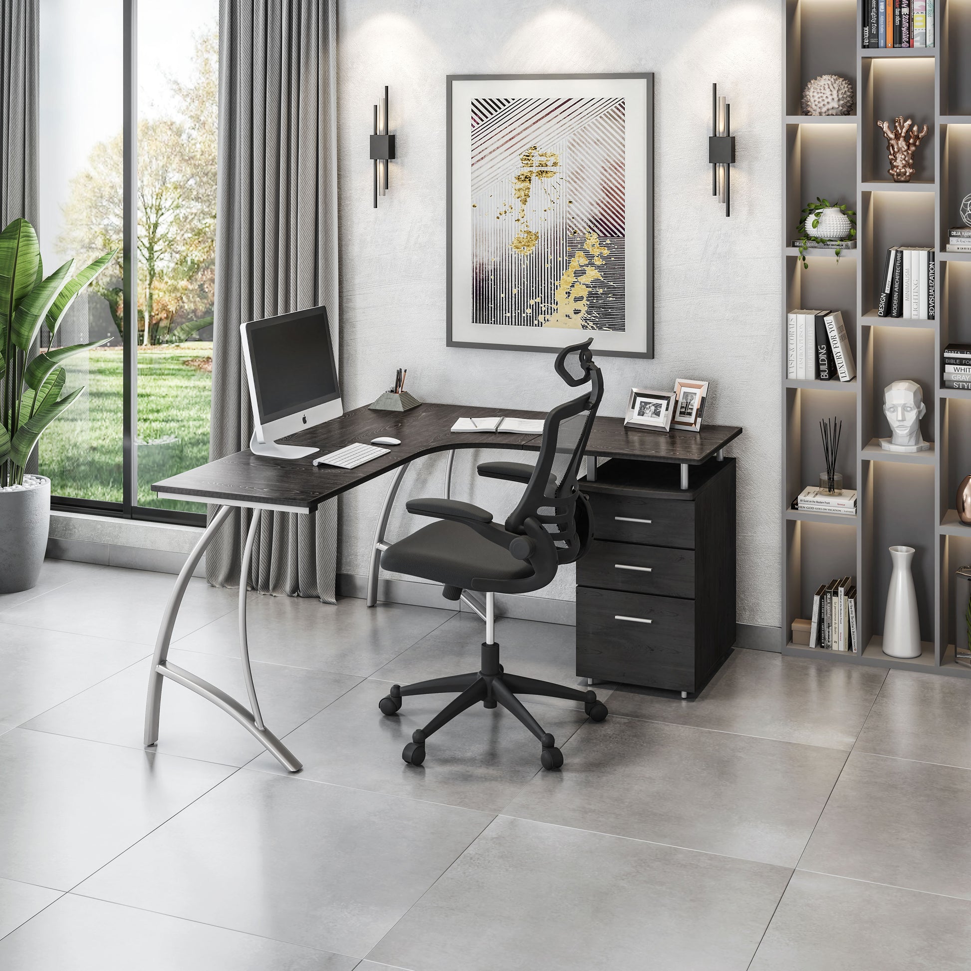 Techni Mobili Modern L- Shaped Computer Desk with File Cabinet and Storage, Espresso - Abrihome