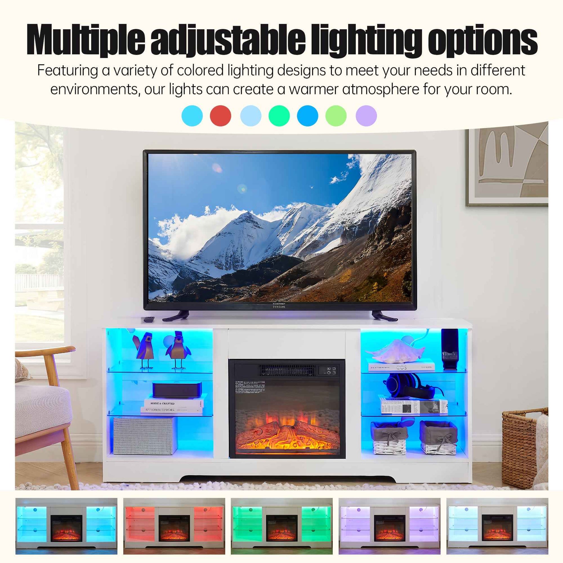 TV Stand Electric Fireplace TV Stand with Glass Shelves, 3D Fireplace TV Stand with LED Lights Wood with USB Charging Outlet Modern Television Table Center for TV up to 32-62' White 58''W*15.4''D*24.6