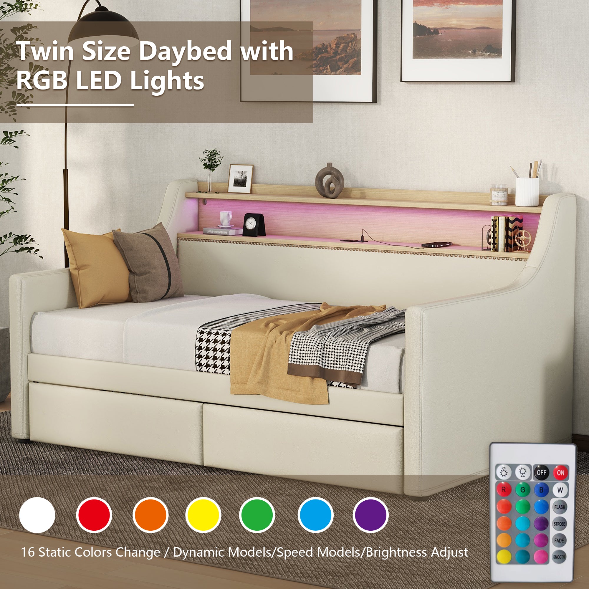 Twin Size Daybed with Storage Drawers, Upholstered Daybed with Charging Station and LED Lights, Beige (Old Item W1580S00022)