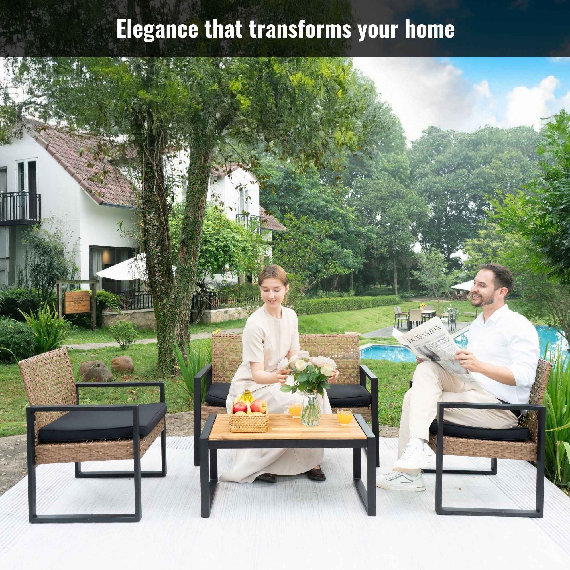 Modern Outdoor 4-Piece Patio Furniture Set with Acacia Wood Table Top, Black and Light Brown