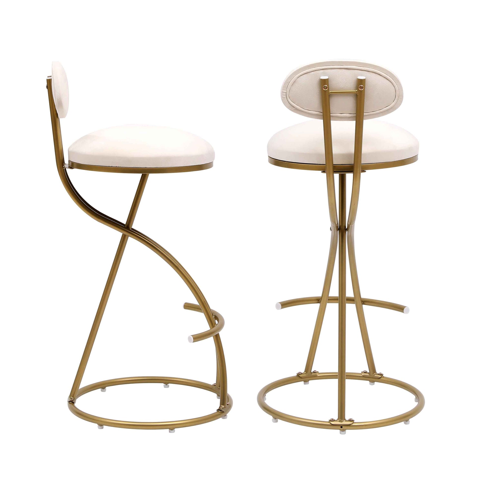 Round Bar Stool Armless Velvet Barstools with Back Set of 2, Gold & Creamy White