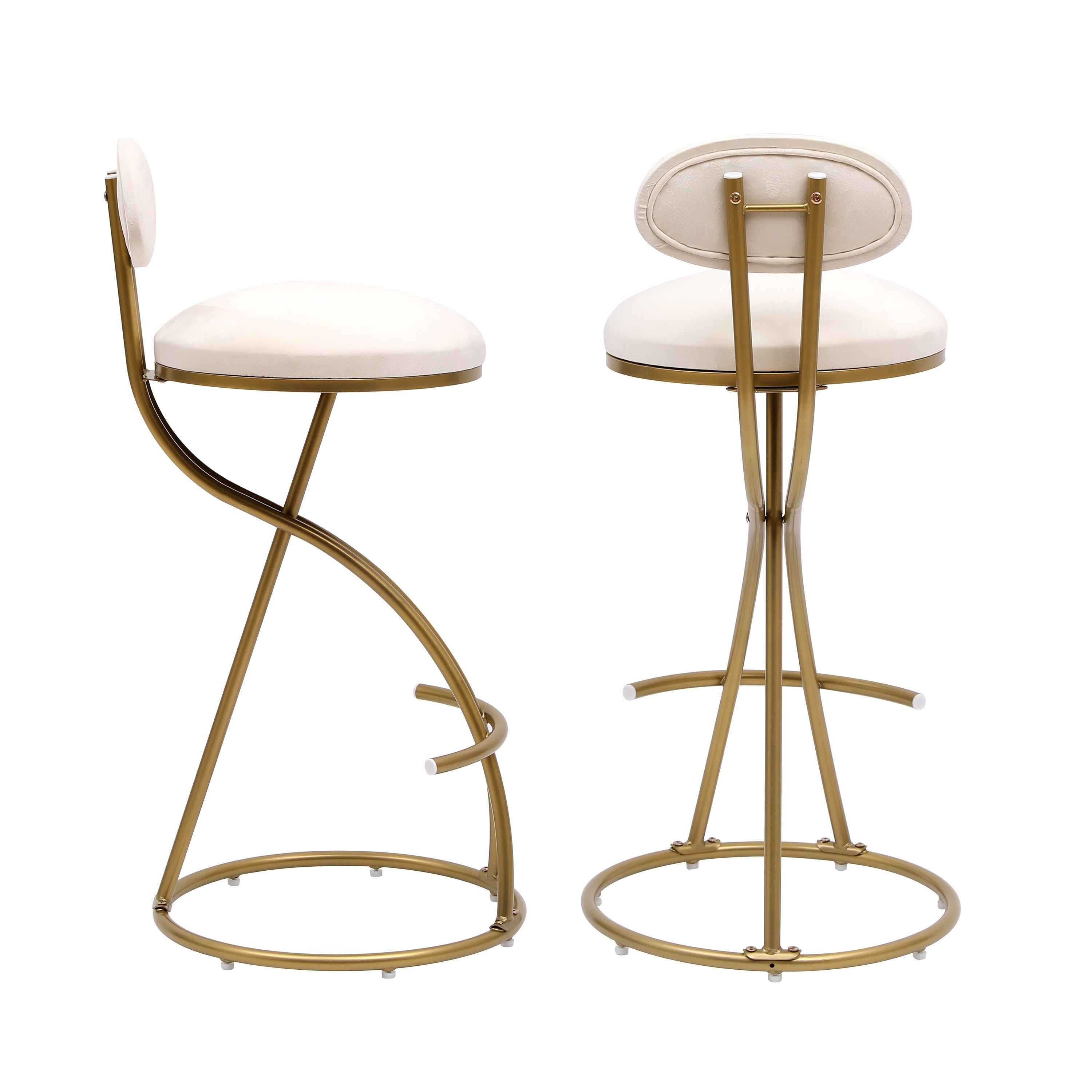 Round Bar Stool Armless Velvet Barstools with Back Set of 2, Gold & Creamy White