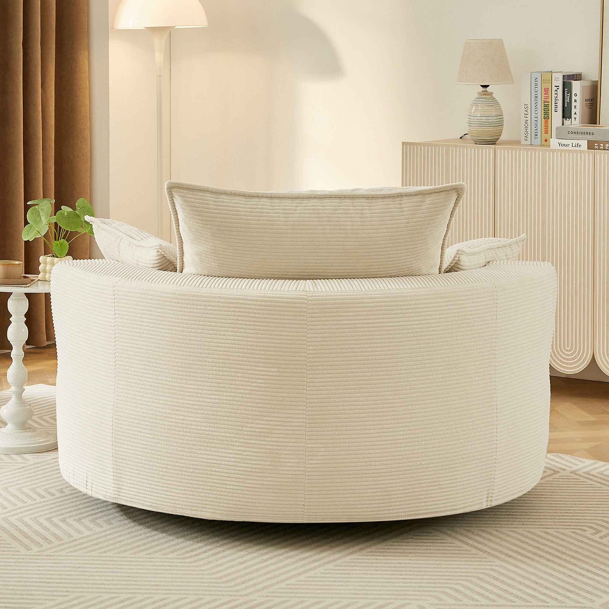 Accent Barrel Chair 360° Swivel Sofa Chair with Dual-layer Cushion and 3 Removable Pillows, Beige Corduroy, 57.5'
