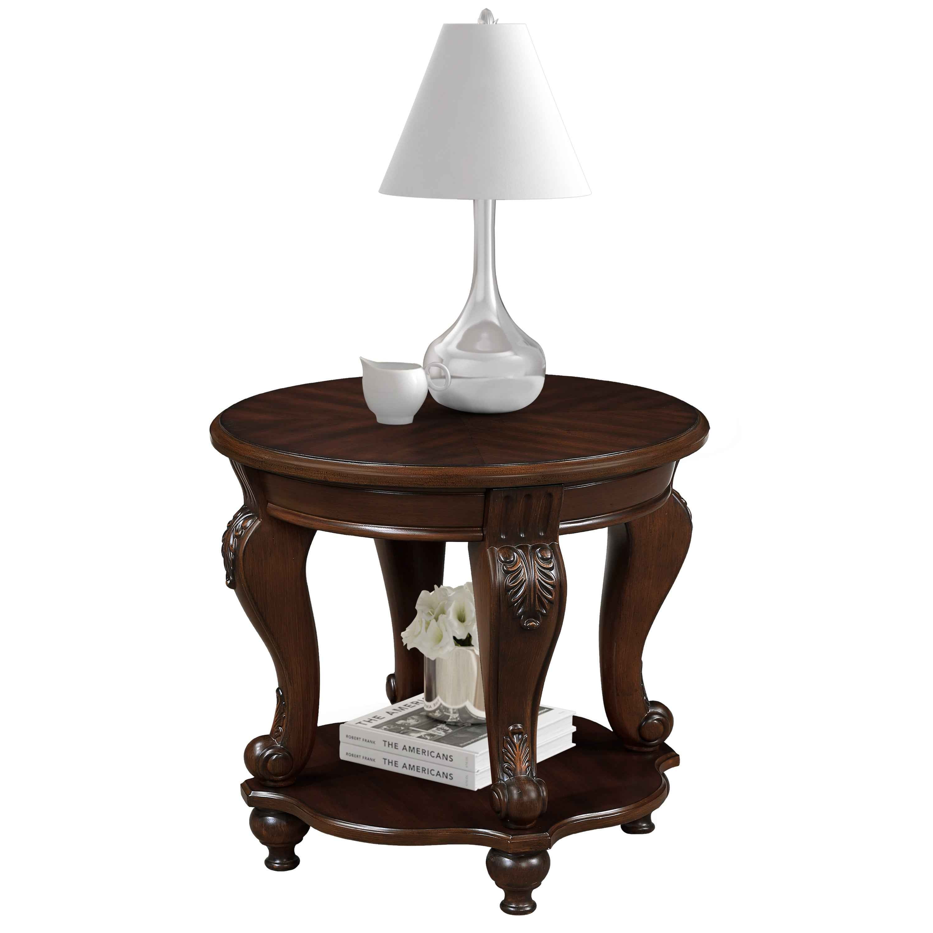 22'' Retro Round End Table,Solid Wood Sofa Side Table with Shelf,Living Room Corner Table Easy Assemble,Cherry