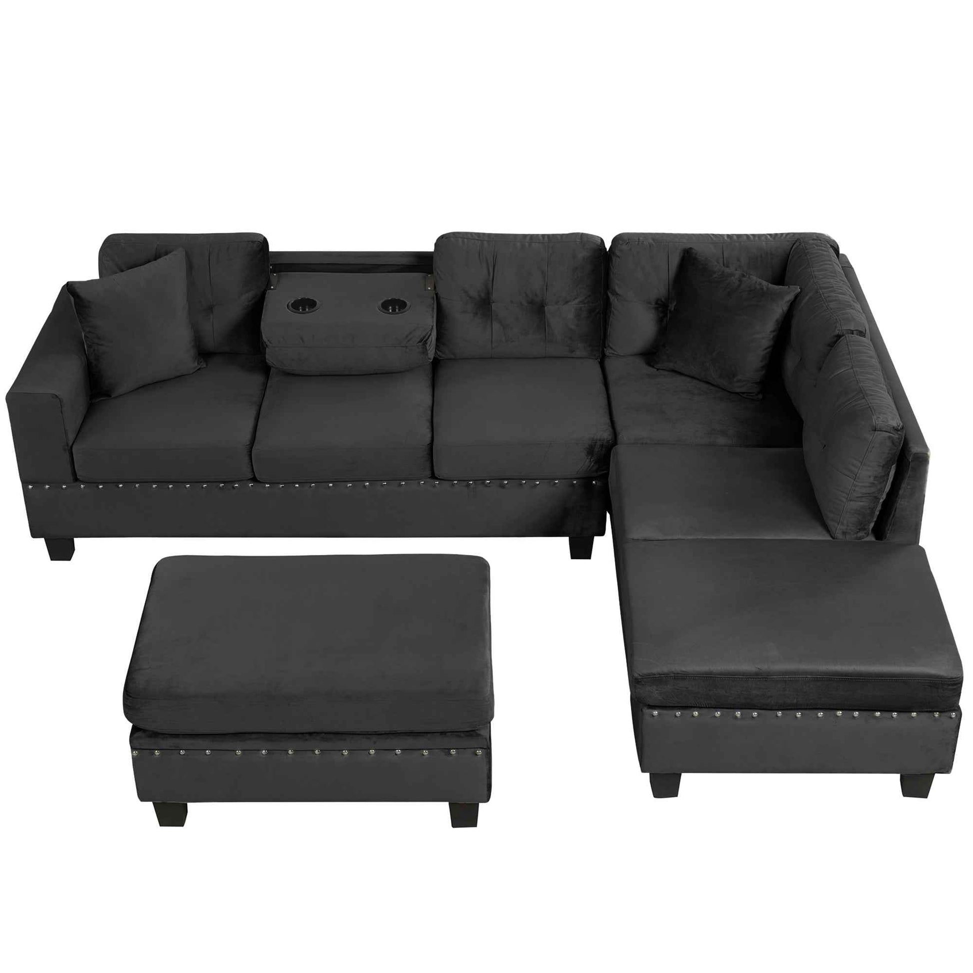 Modern Sectional Sofa with Storage Ottoman, L-Shape Couch with 2 Pillows and Cup Holders, Black Velvet, 105'