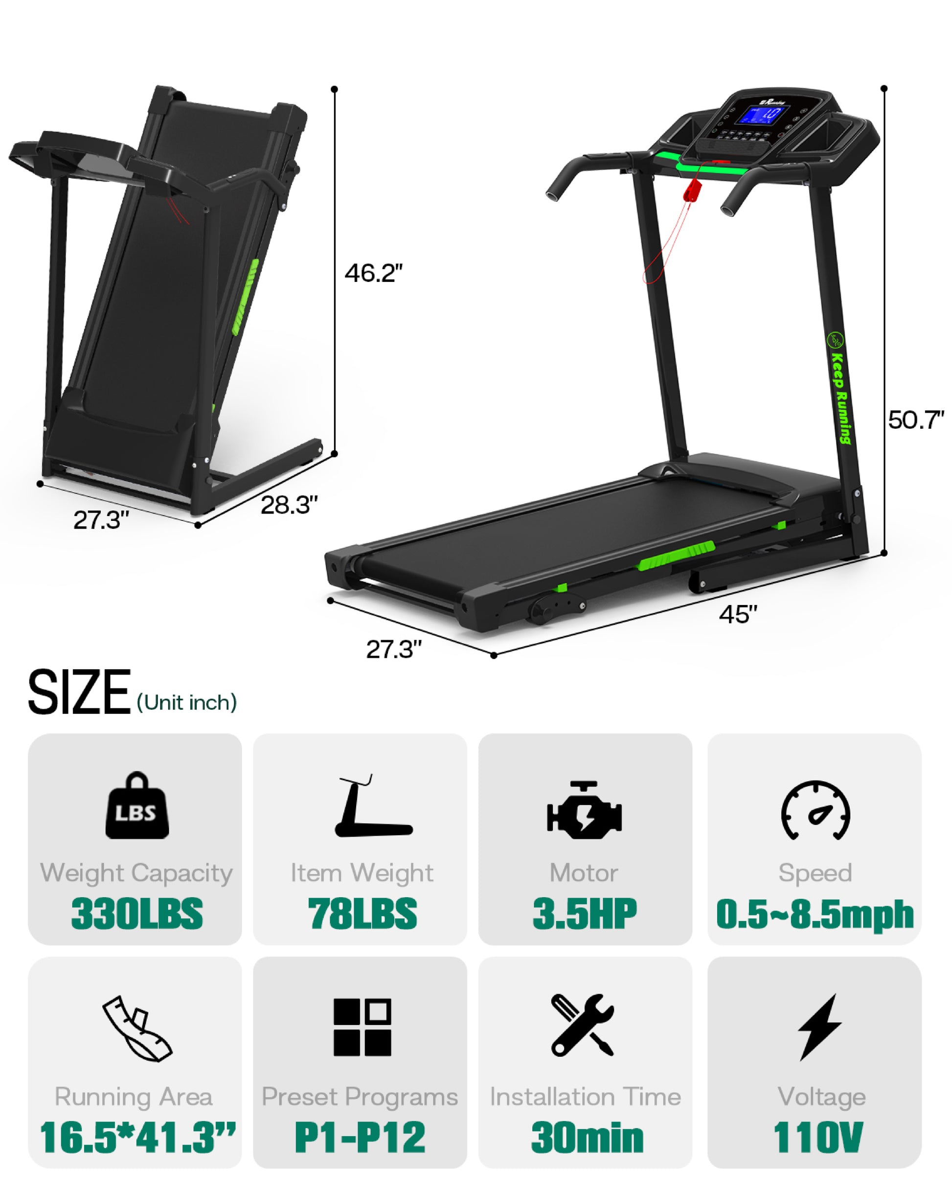 Foldable Treadmill with Incline, Folding Treadmill for Home Electric Treadmill Workout Running Machine, Handrail Controls Speed, Pulse Monitor,APP - Abrihome