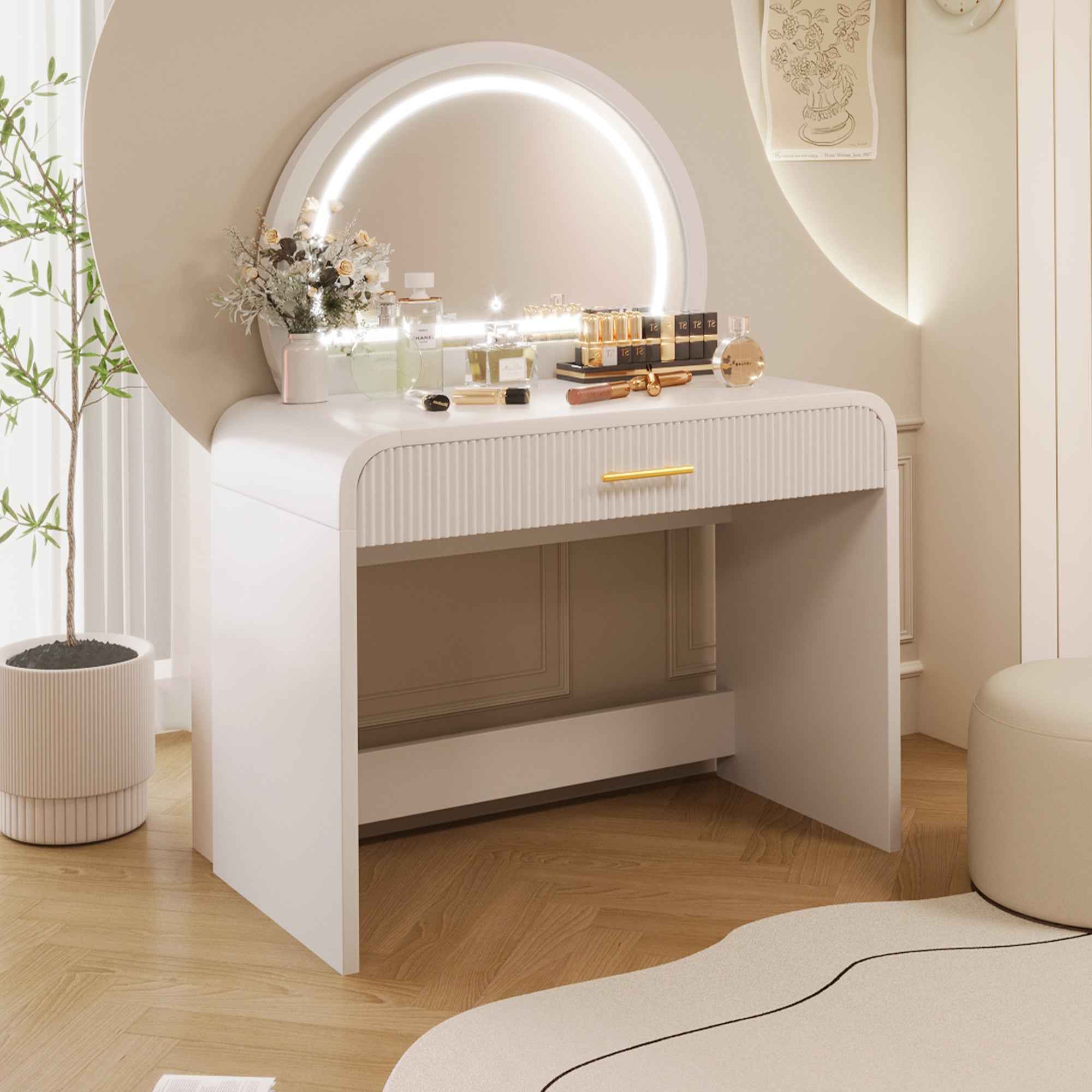 39' Makeup Vanity Table with Mirror Touch Screen Lighted Mirror, Dressing Table with Drawer for Bedroom, White